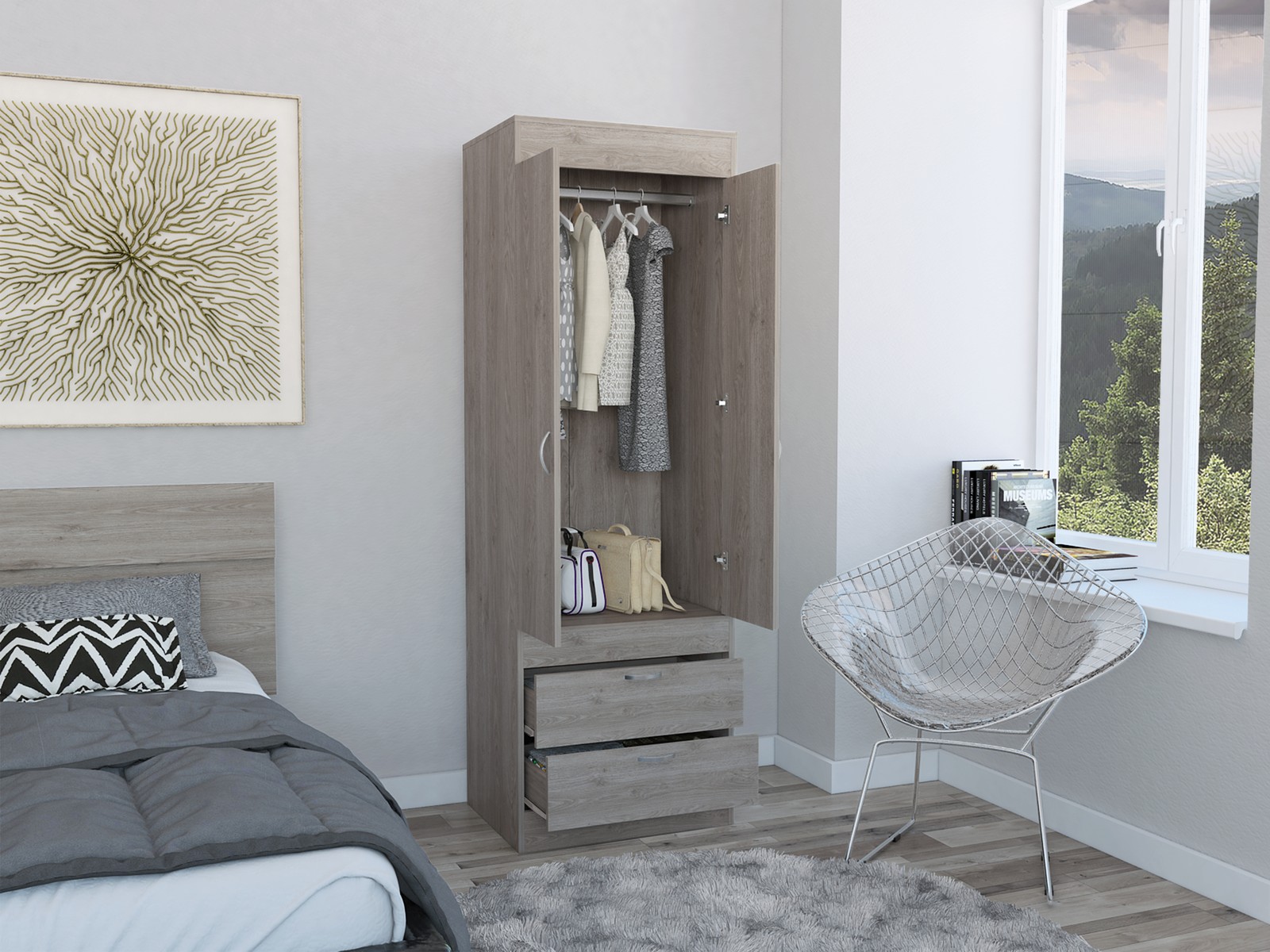 Lisboa 2-Door Armoire Light Gray Particle Board Wardrobe