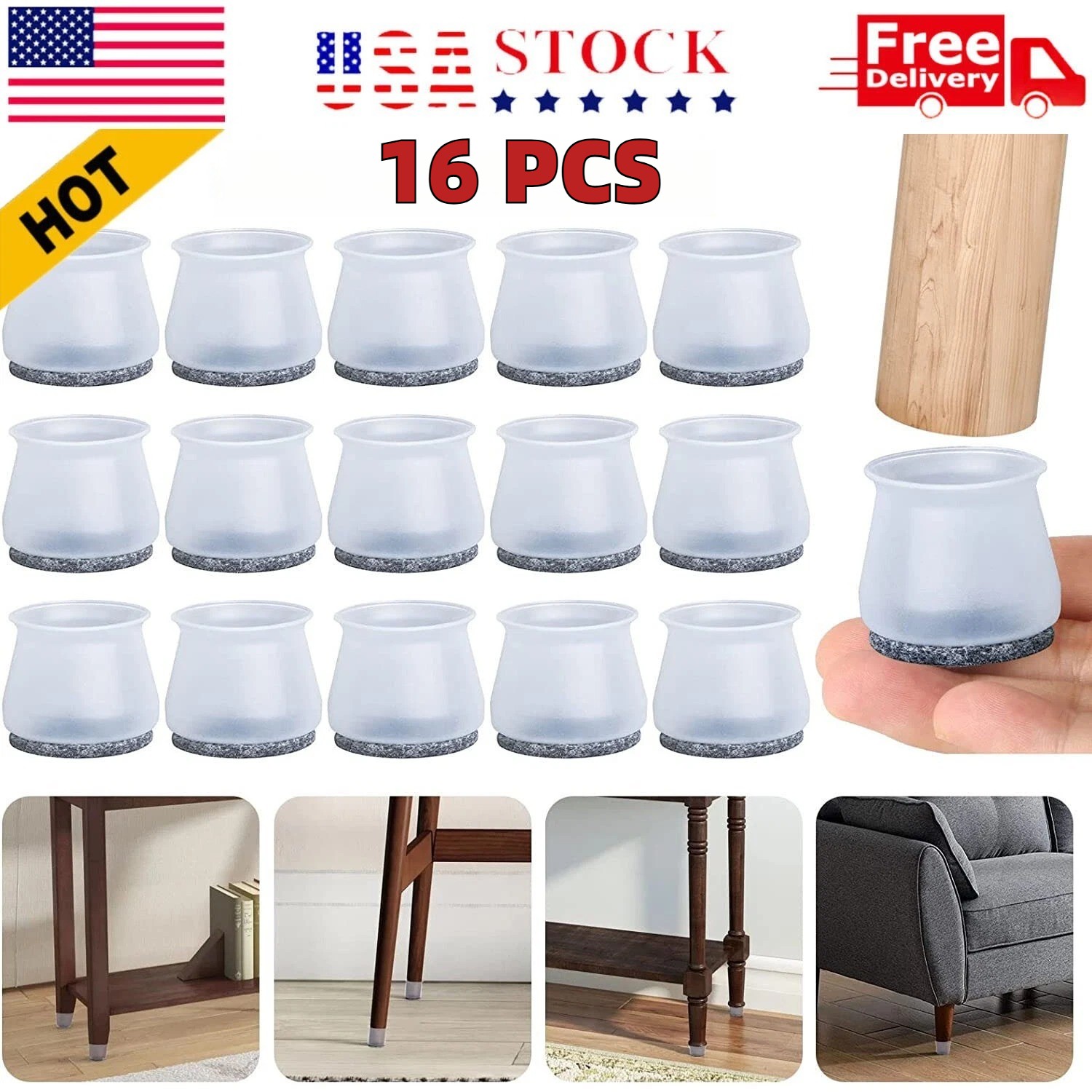 Chair Leg Floor Protectors 16 PCS Silicone Sliders with Felt Furniture Pads US