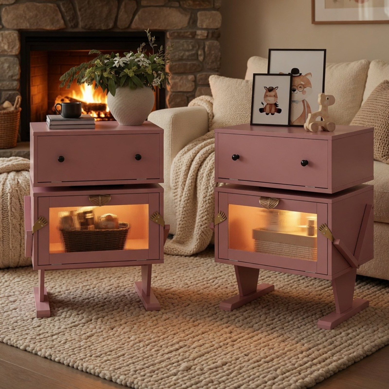 Pink Robot LED Nightstand with Rotating Drawer, 20.7″ Wide Modern End Table