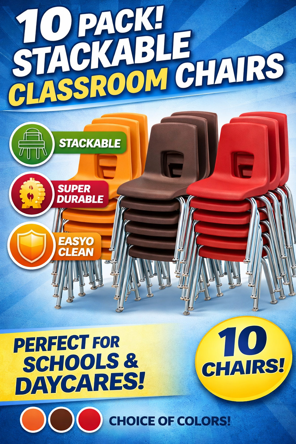 Toddlers Stackable chairs with comfortable seat with Chromed Steel Legs