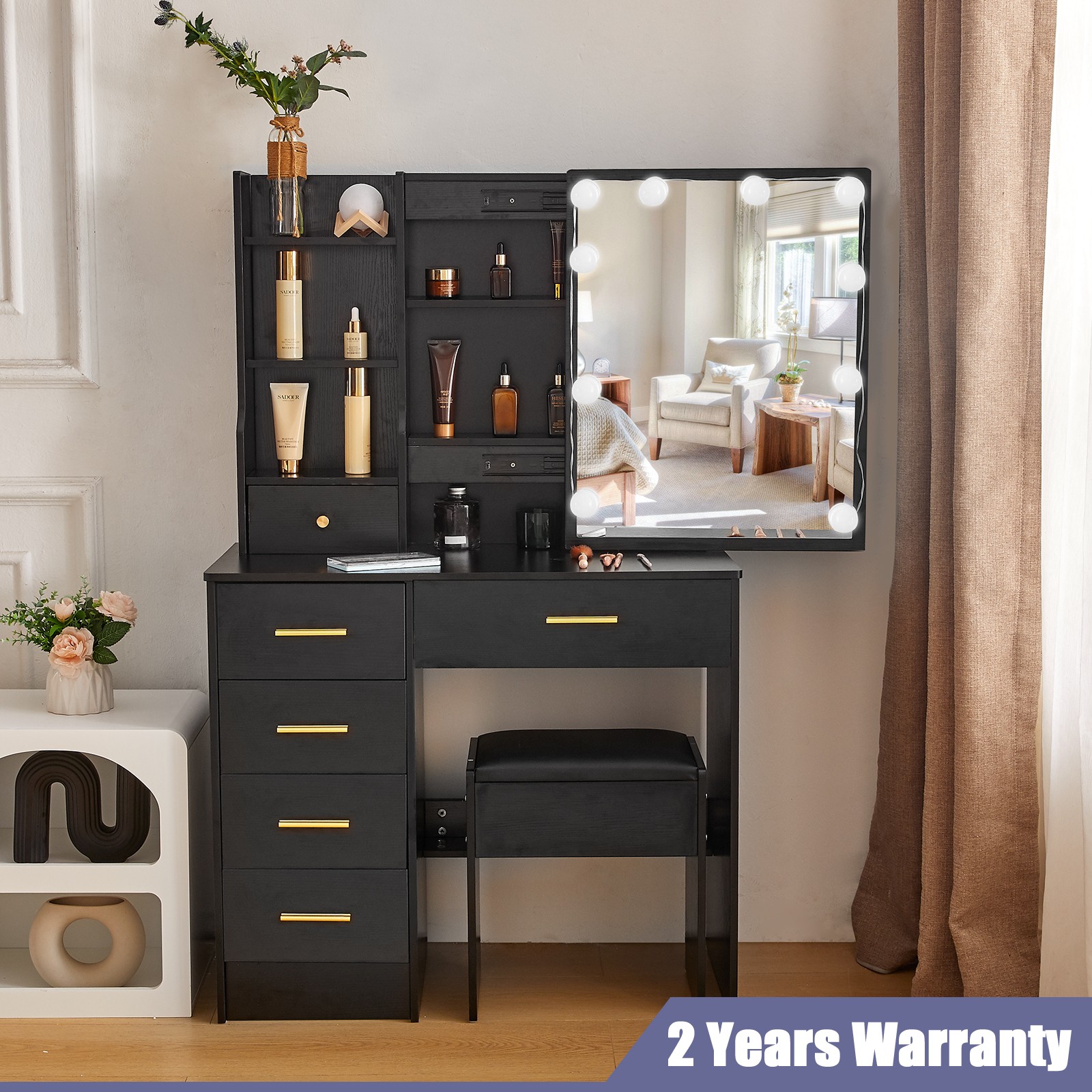Black Vanity Set with LED Lighted Mirror and Stool Large Makeup Dressing Table
