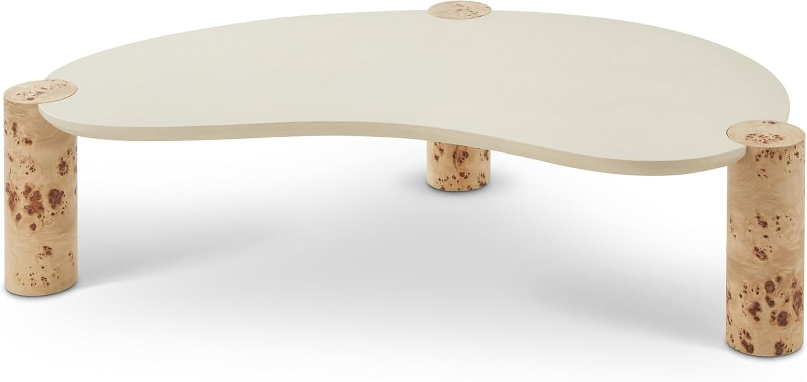 Stylish Thor Coffee Table – White Resin Top & Burl Veneer Legs, 59.5″ W