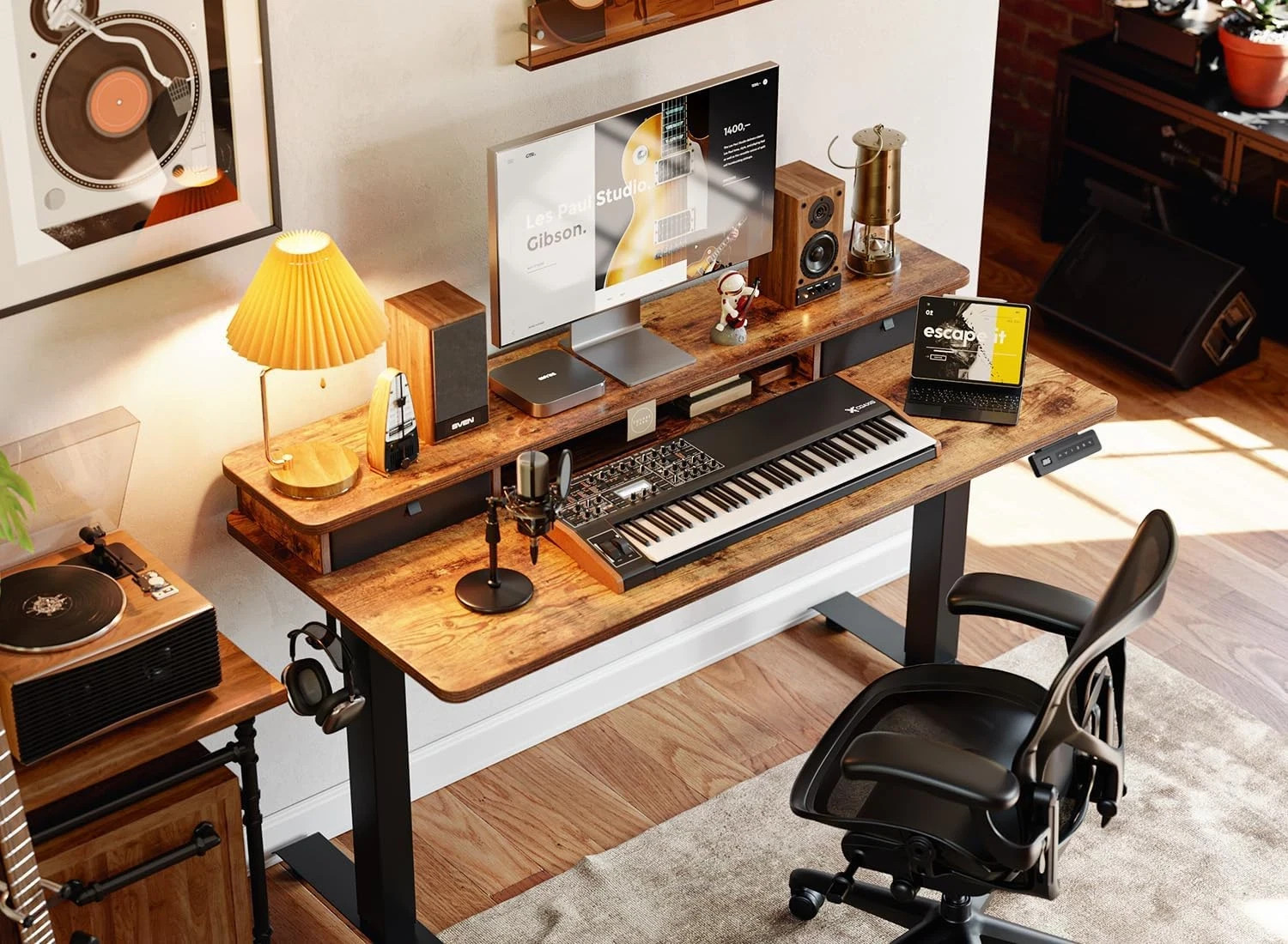 Height Adjustable Electric Standing Desk with Storage, Rustic Brown Finish