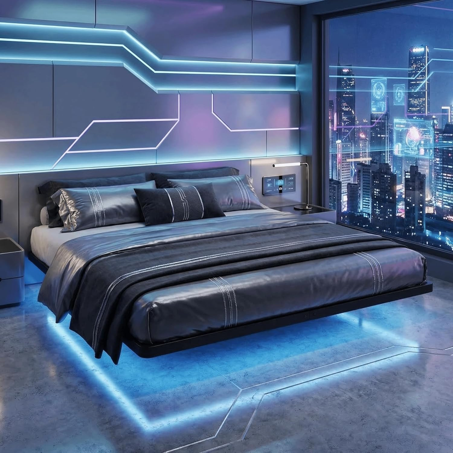 King Size Floating Bed Frame with LED Lights & Charging Station, Matte Black