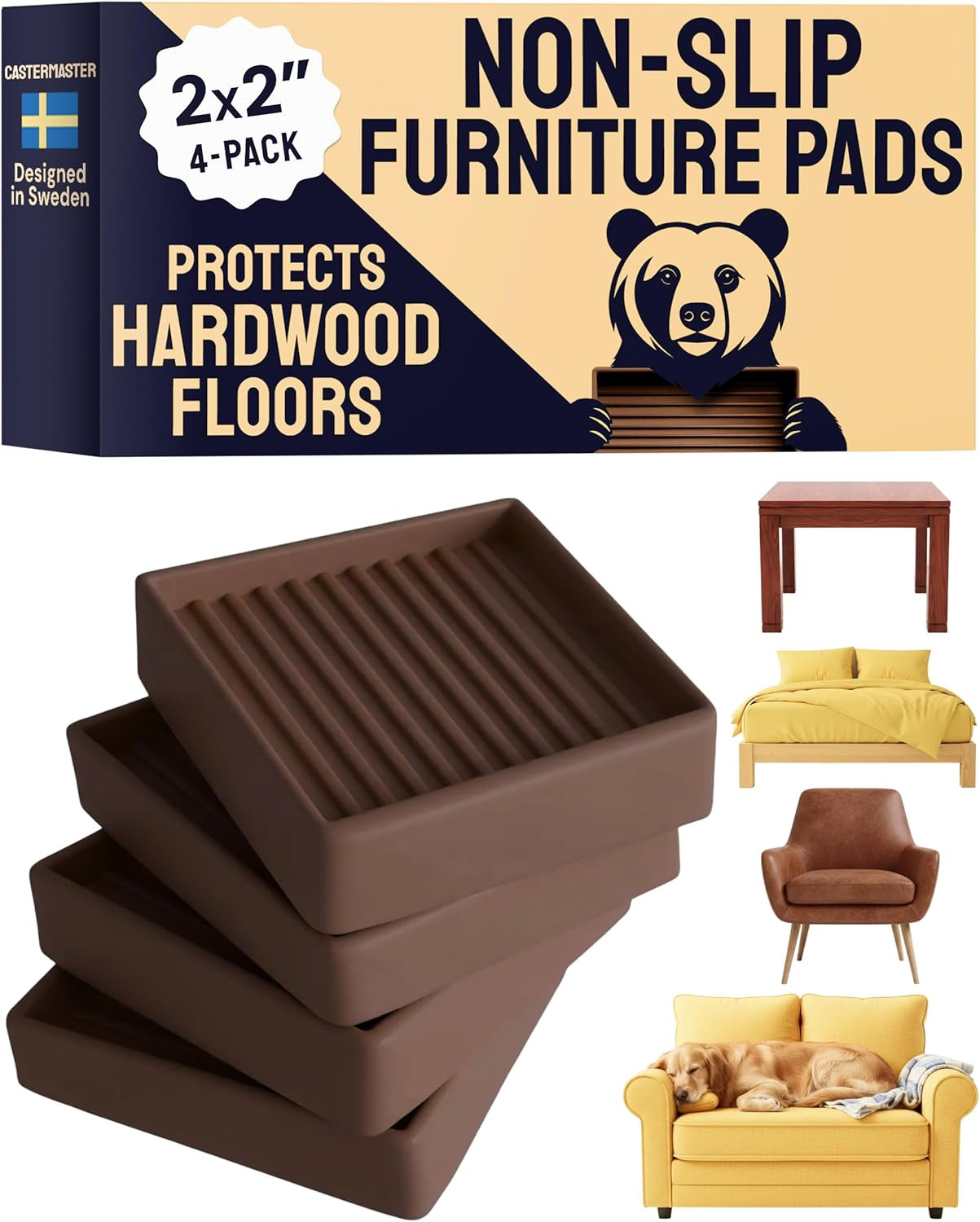 Non Slip Furniture Pads – 2 in X 2 in Brown 4 Pack – Chair Leg Floor Protectors
