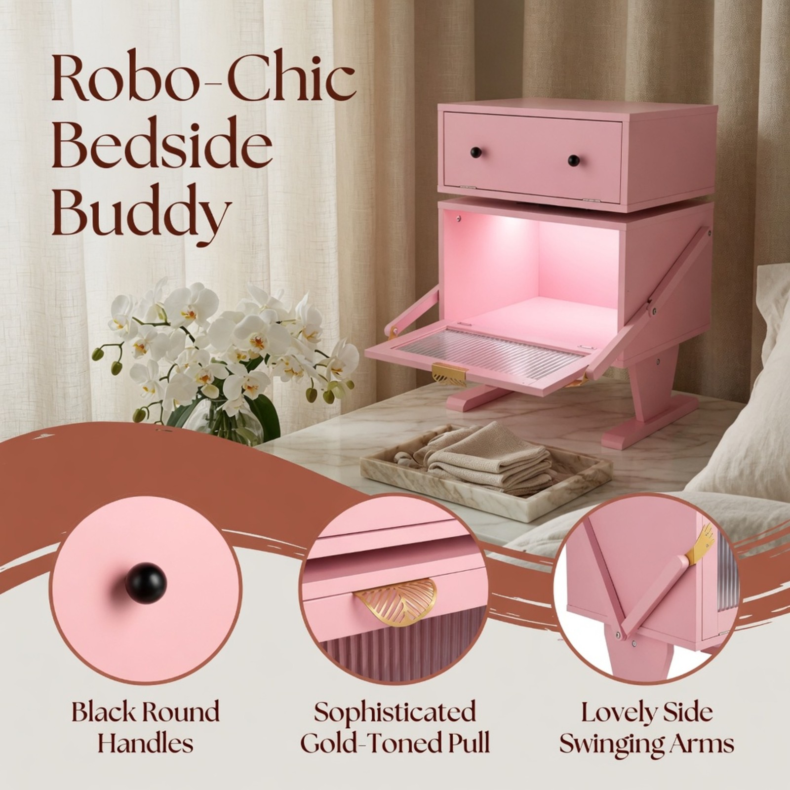 Pink Robot LED Nightstand with Rotating Drawer, 20.7″ Wide Modern End Table