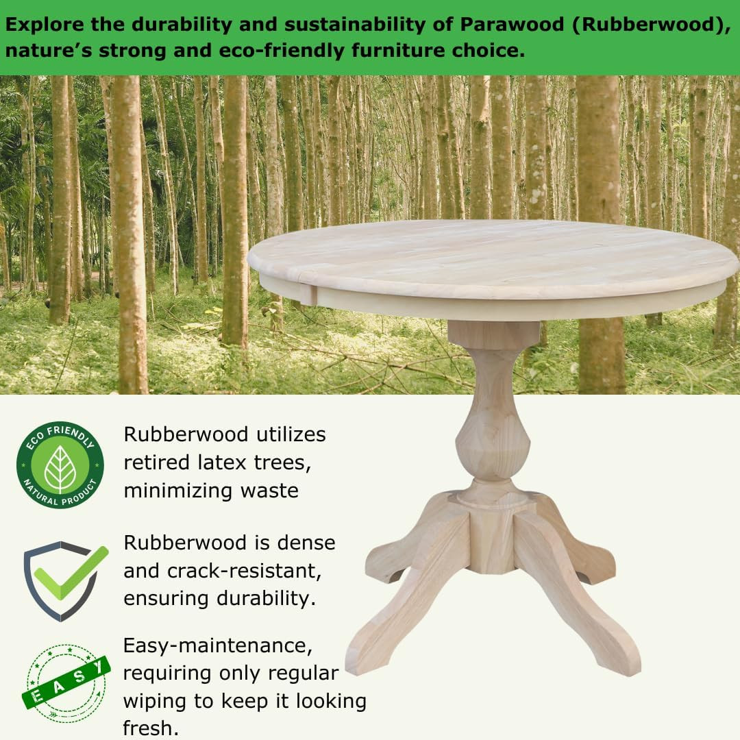 36″ Round Pedestal Dining Table with 12″ Leaf – Unfinished, 28.9″H