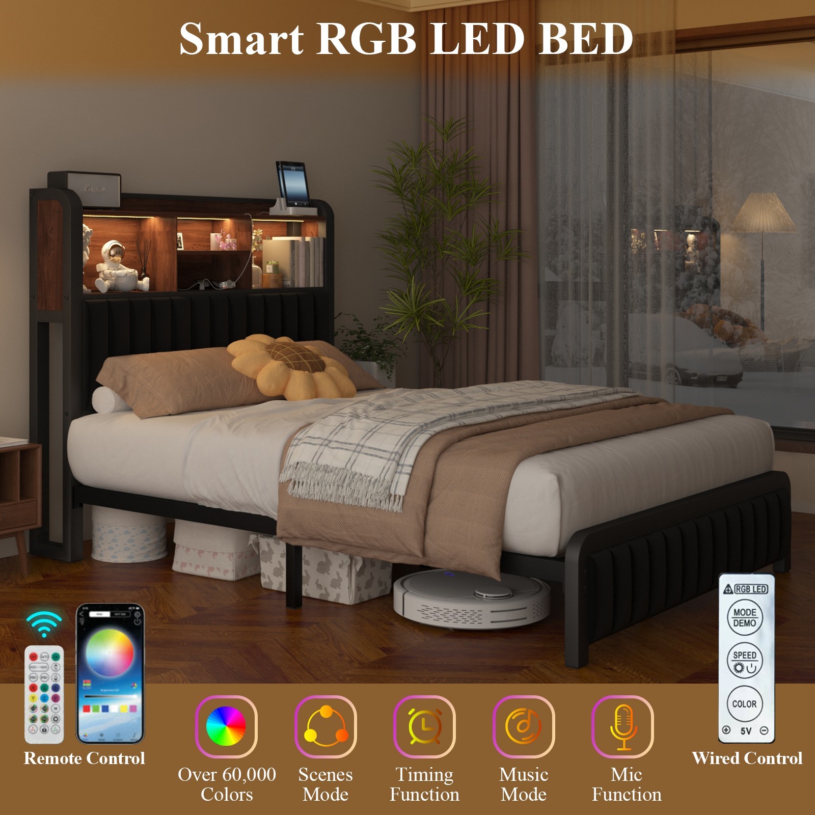 Full/Queen Size Bed Frame with Storage Headboard, LED Lights, Charging Station