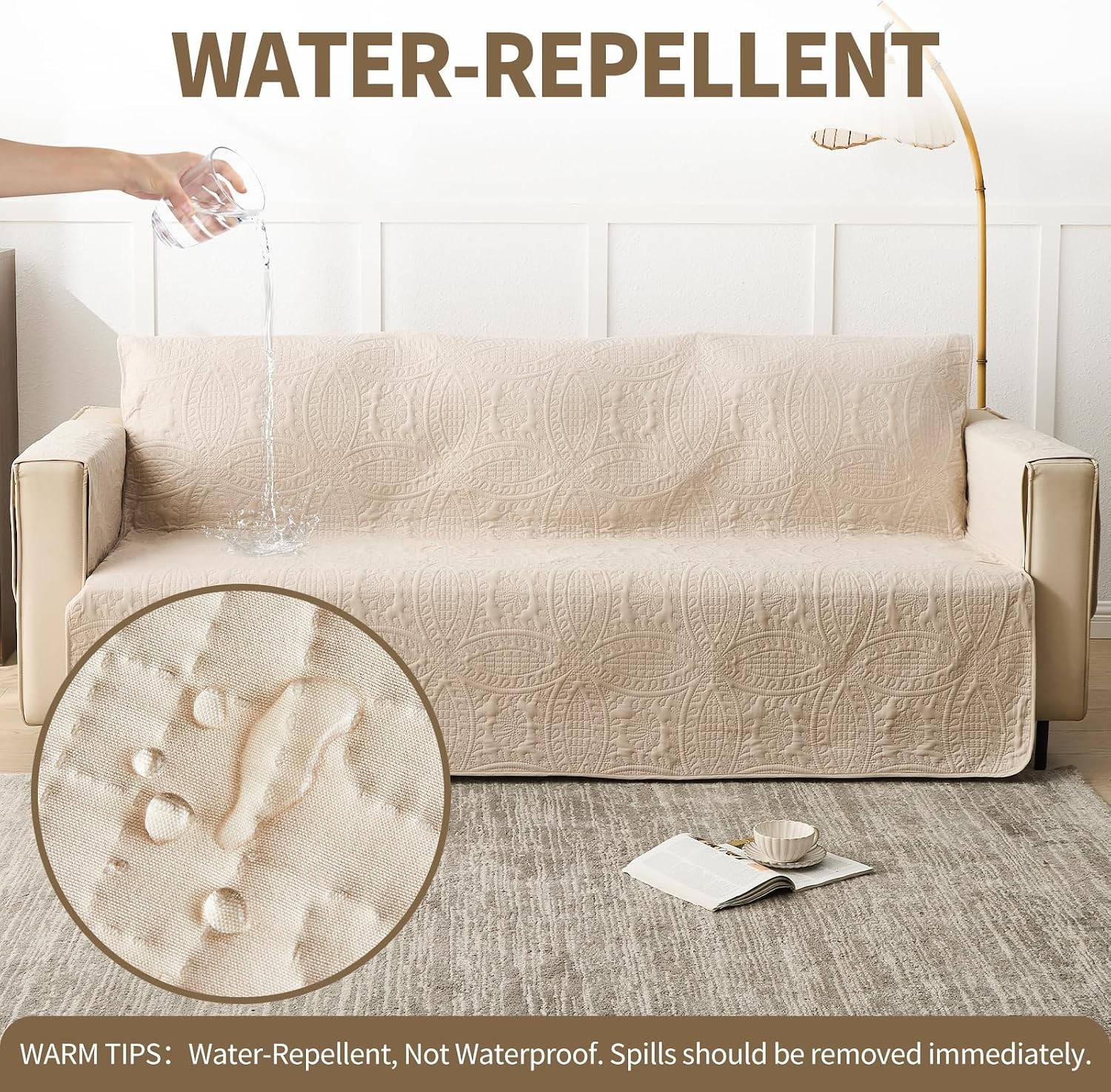 Beige Sofa Cover for Couch 68 Inch Stretch Washable Slipcover Non-Slip