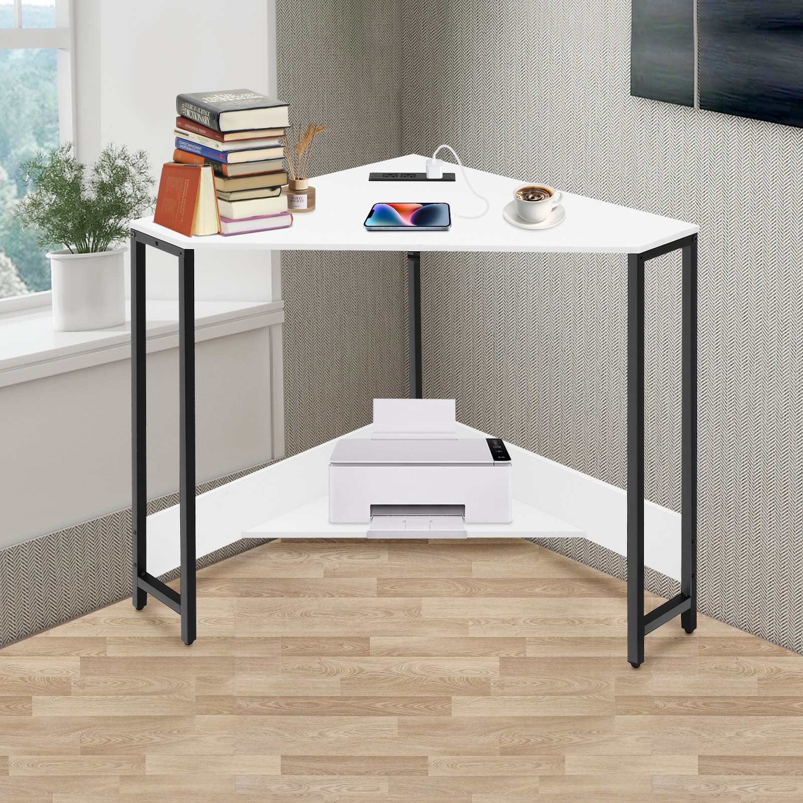 Small Computer Desk with Outlet Home Office Desk Free Standing Corner Desk