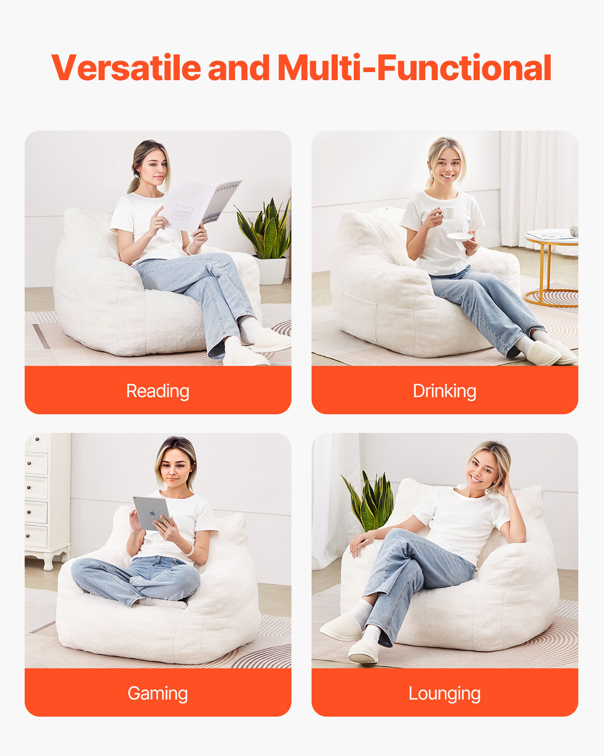 3 feet Bean Bag Chair with Soft Armrests and Storage Pocket Gaming Sofa White