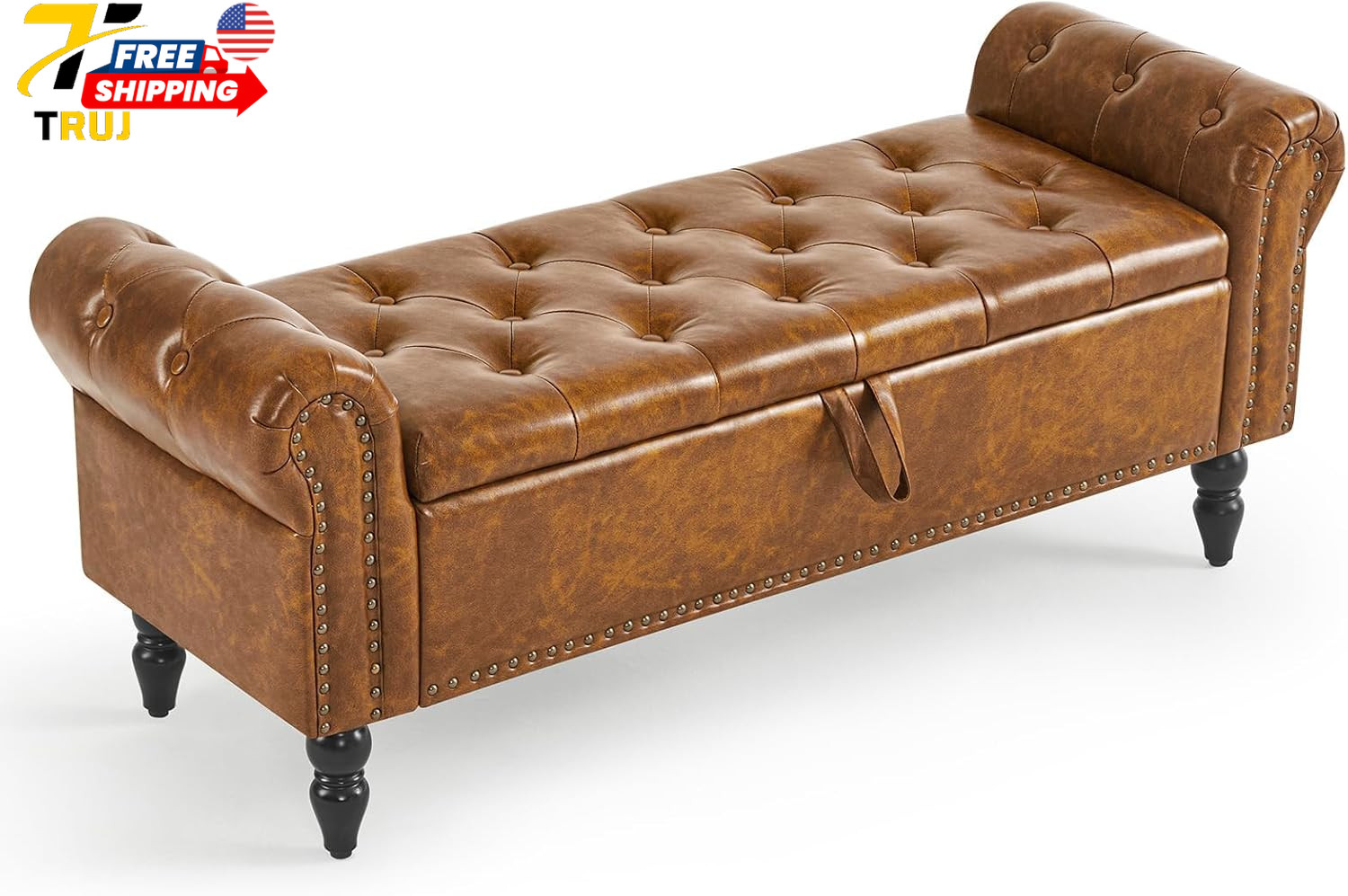 Furniliving Storage Ottoman Bench Leather Benches End of Bed Bench with Solid W