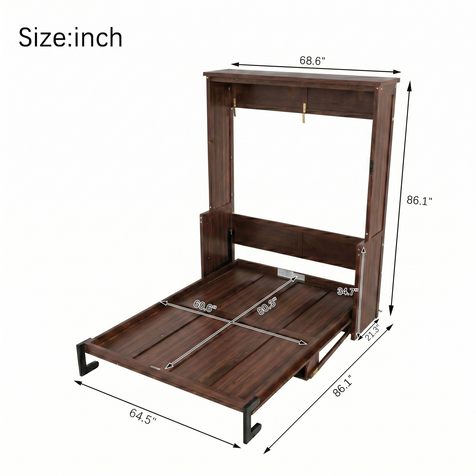 Queen Size Wood Murphy Bed Space-Saving Hidden Wall Bed Cabinet Walnut