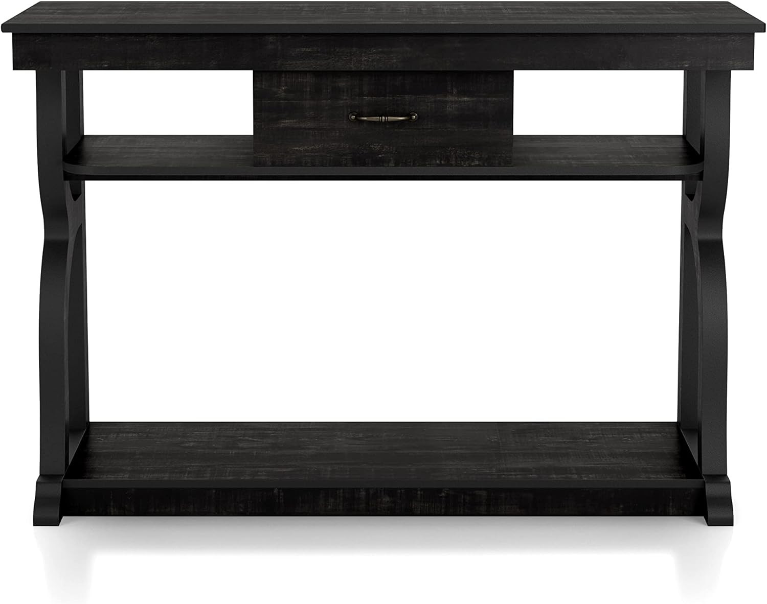 Percy Farmhouse 48″ Console Table with Drawer & Shelves – Reclaimed Black Oak
