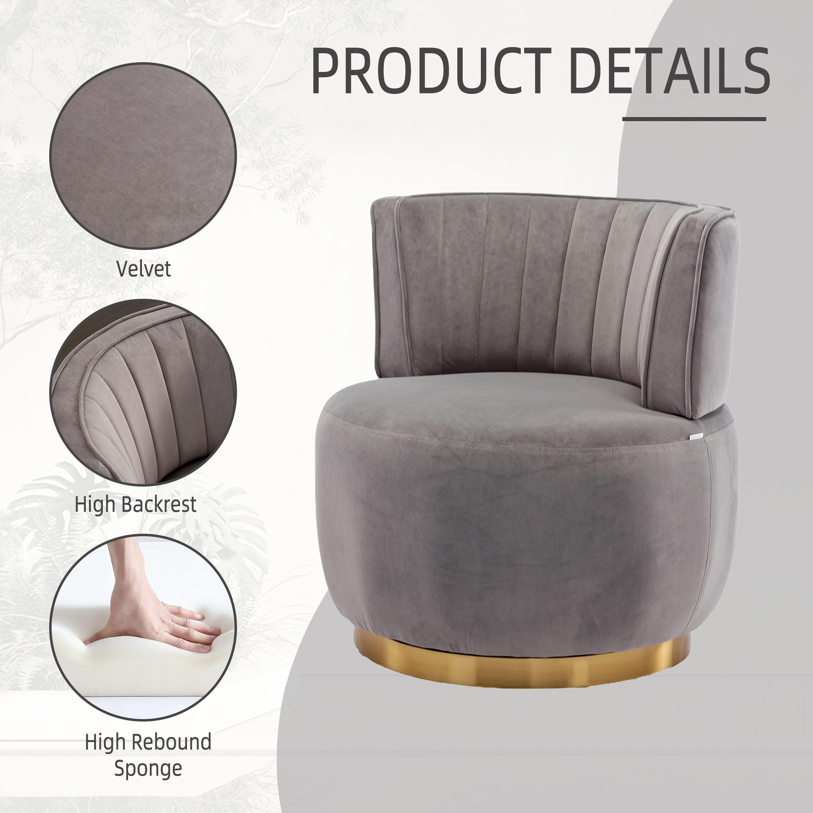 Swivel Barrel Accent Chair, Gray Velvet, 360 Degree Rotation