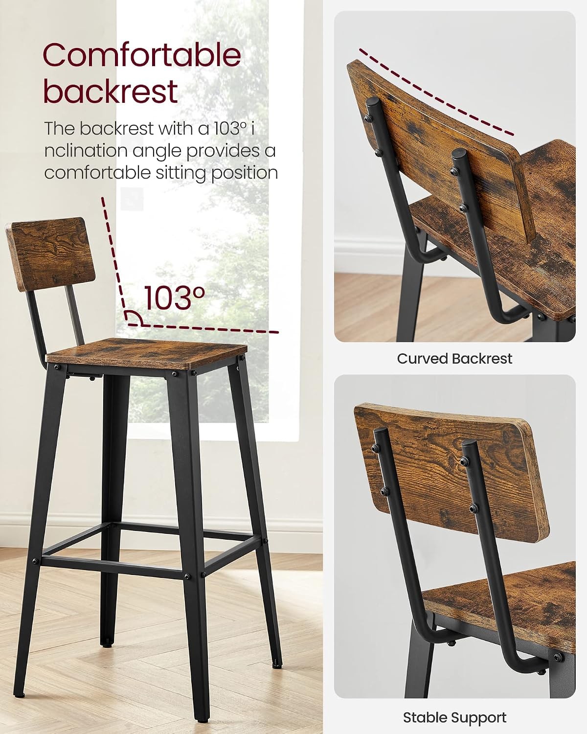 Set of 4 Bar Stools, Bar Height Stools, 29.1 Inches Tall Barstools with Back,