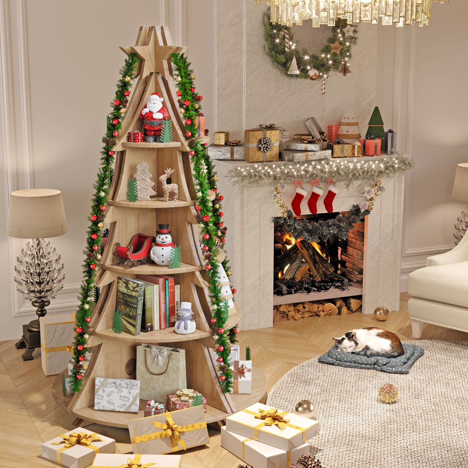 BALANBO Corner Bookshelf Christmas Tree Cabinet Solid Wood Modular Storage Fes