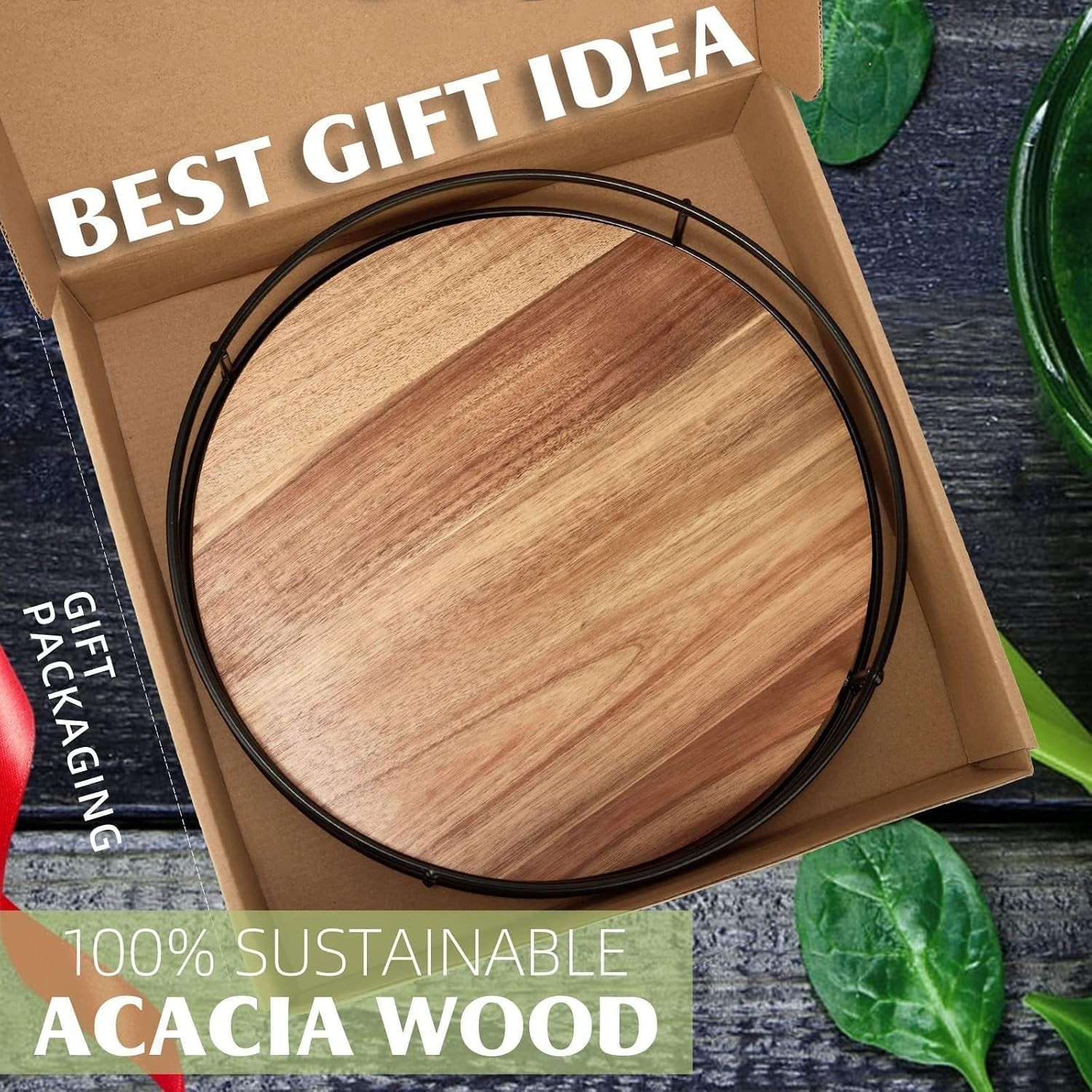 12″ Acacia Wood Lazy Susan,360° Lazy Susan for Countertop or Dining Table