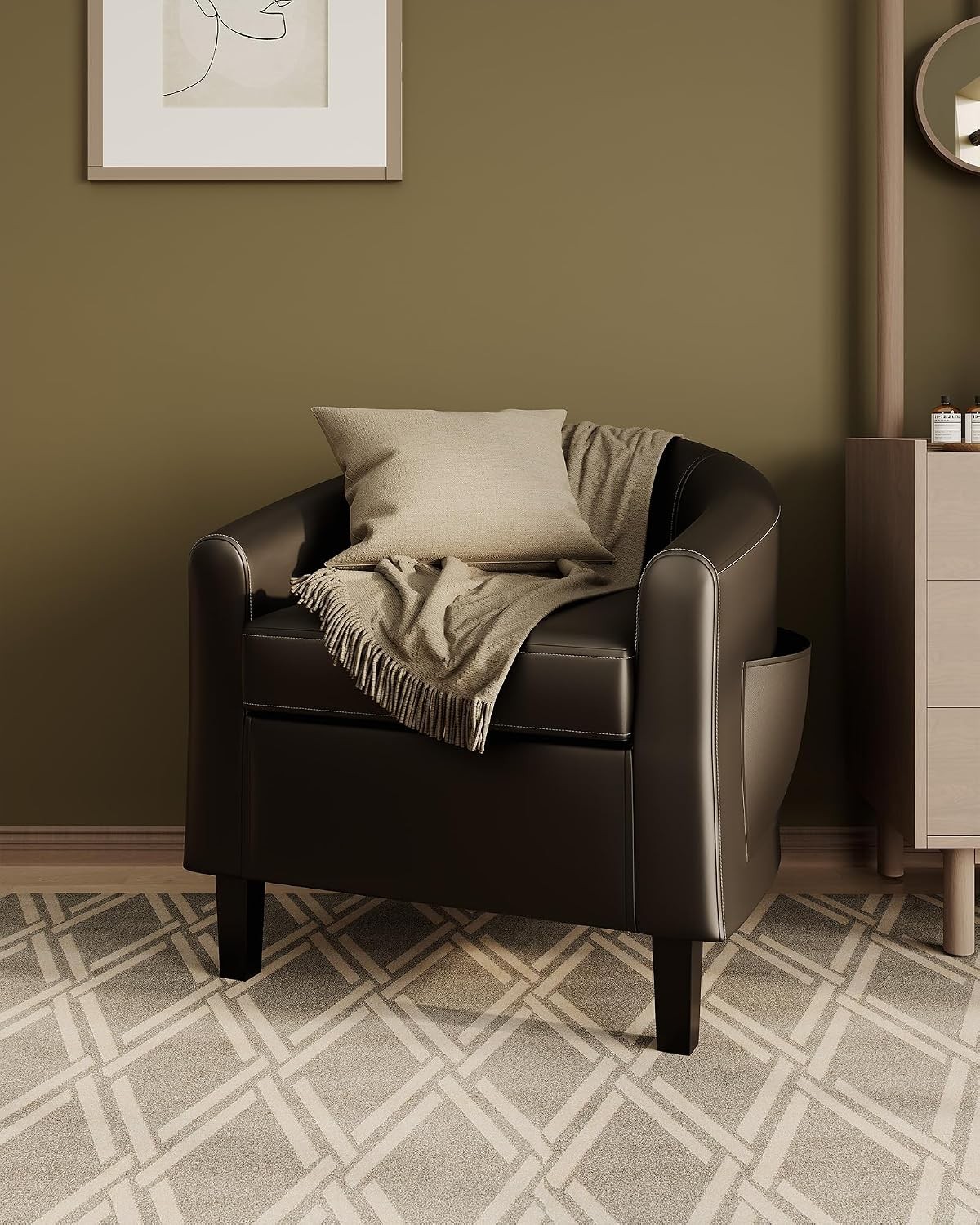 Faux Leather Barrel Chair Accent Club Armchair Soft Seat Living Room Reading