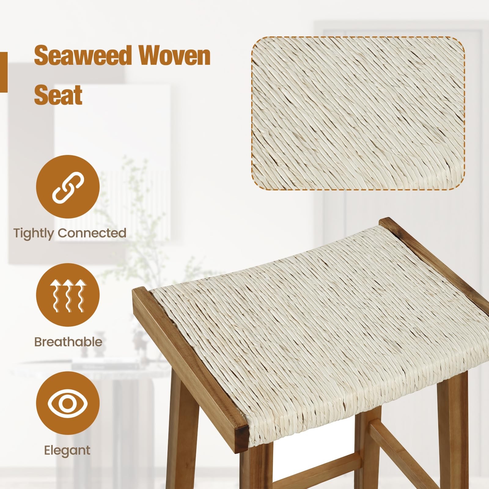 Dining Saddle Stools 2Pcs, 25.5″ Counter Height Chairs with Seaweed Woven Seat