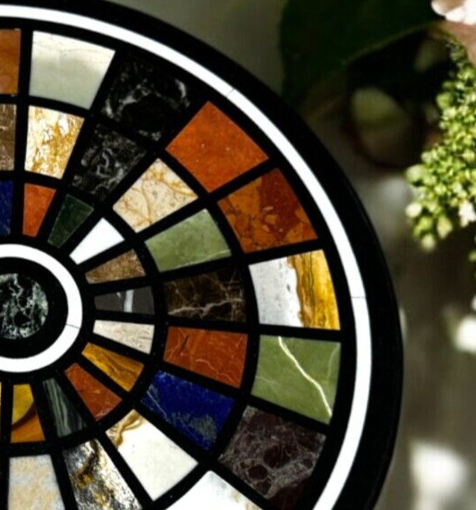 12″ Black Marble Round Coffee Table Multi Gemstone Mosaic Pietra Dura Art Decor