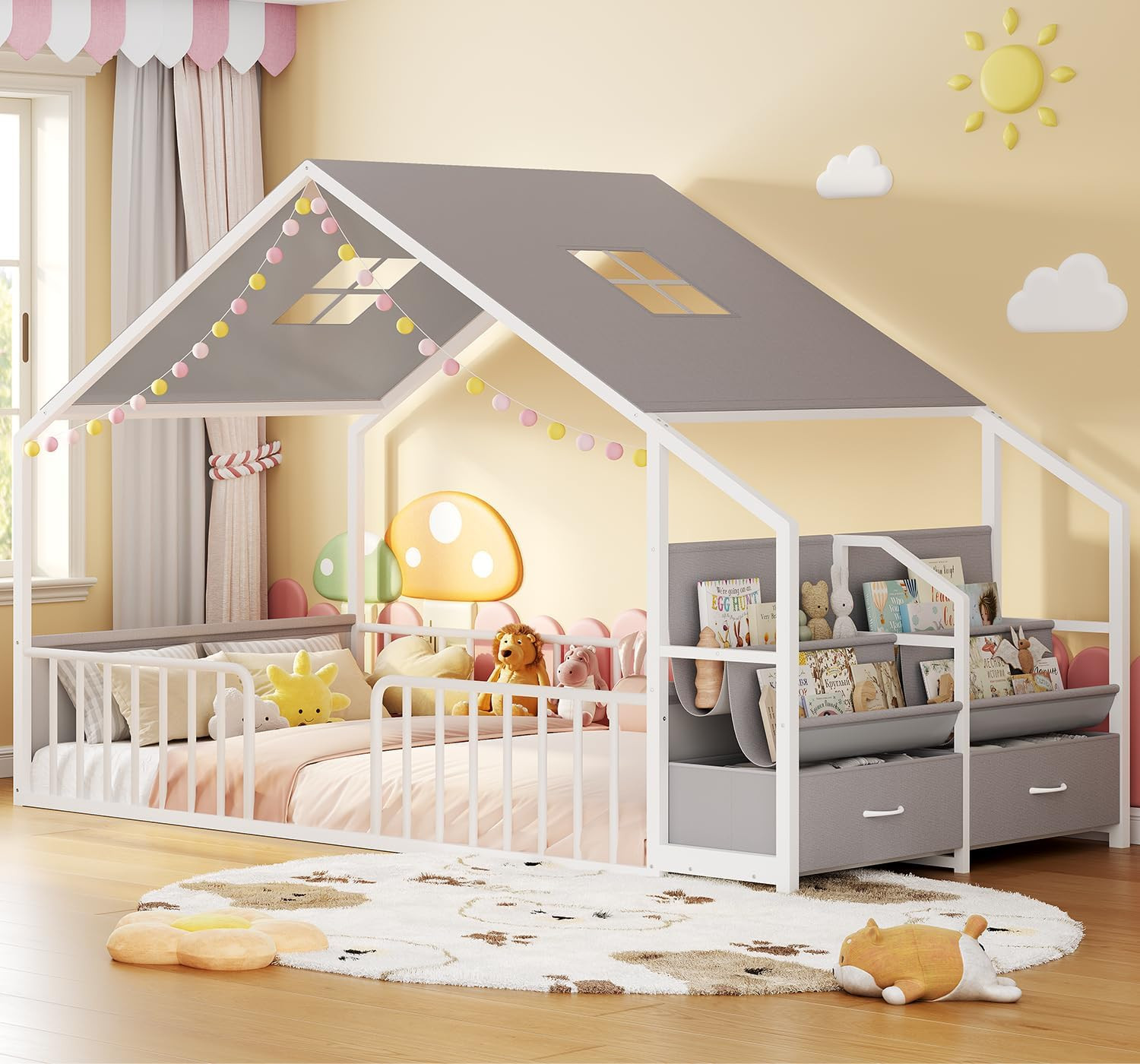 ADORNEVE Montessori Twin Floor Bed Frame with Safety Guardrail for Kids, House S