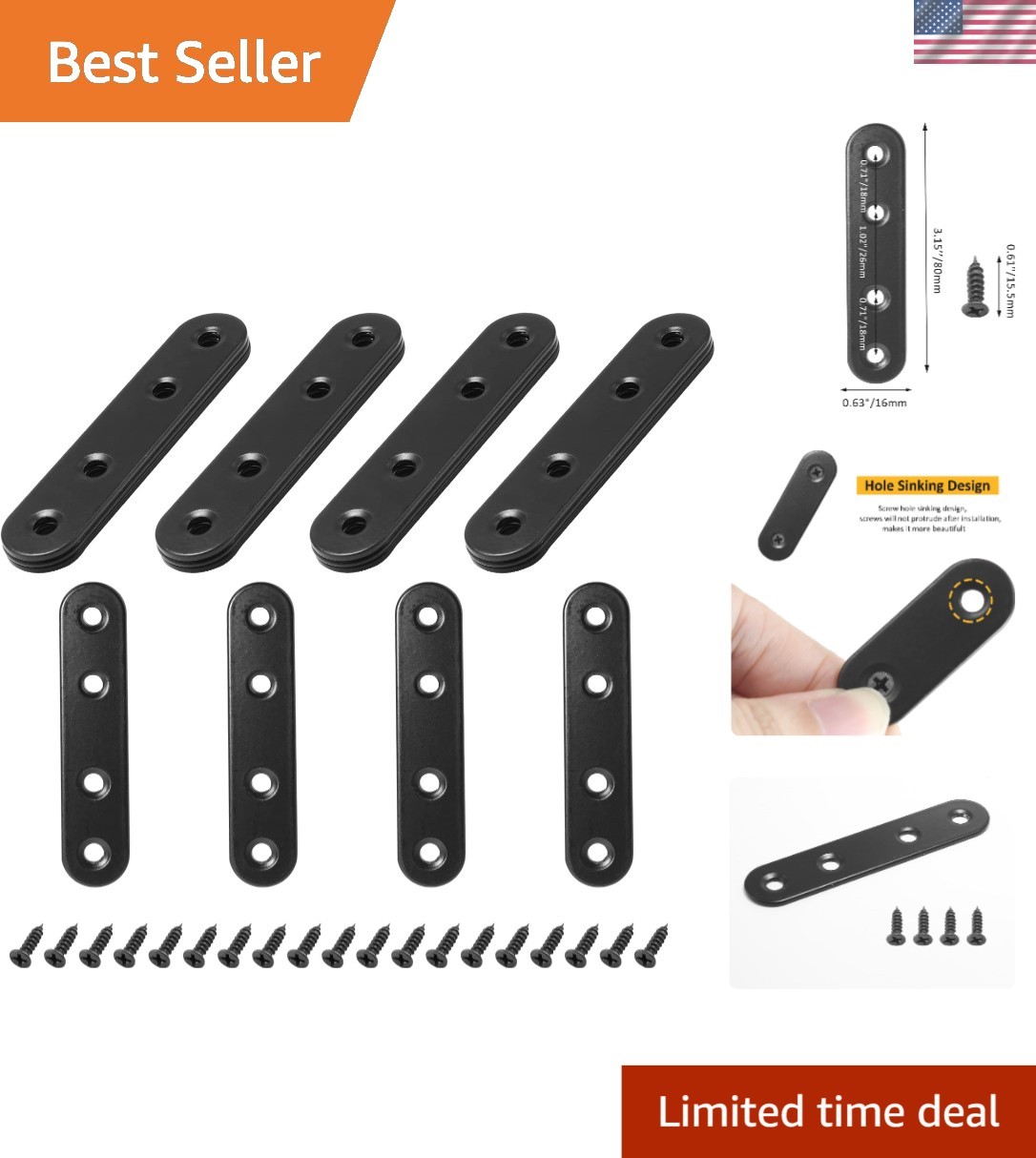 16 Sets 3 Inch Stainless Steel Flat Plate Brackets for Durable Furniture Repair