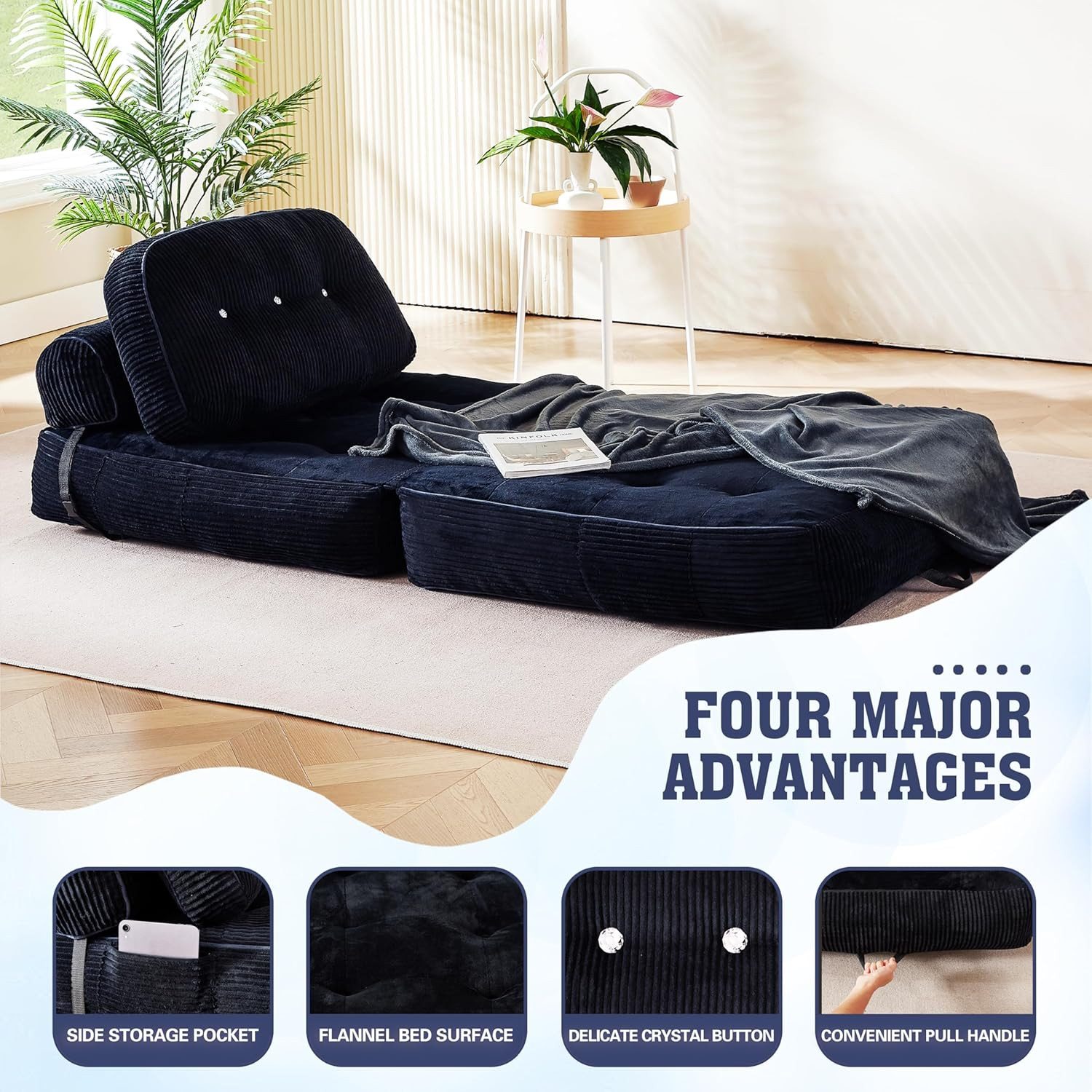 Folding Sofa Bed, Flannel Futon Couch Bed with Pillow and Blanket, Convertible S