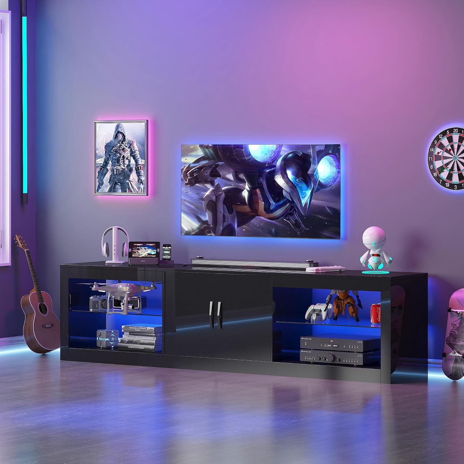 70 Inch Led TV Stand for 80/75 Inch TV, Modern Black Entertainment Center with