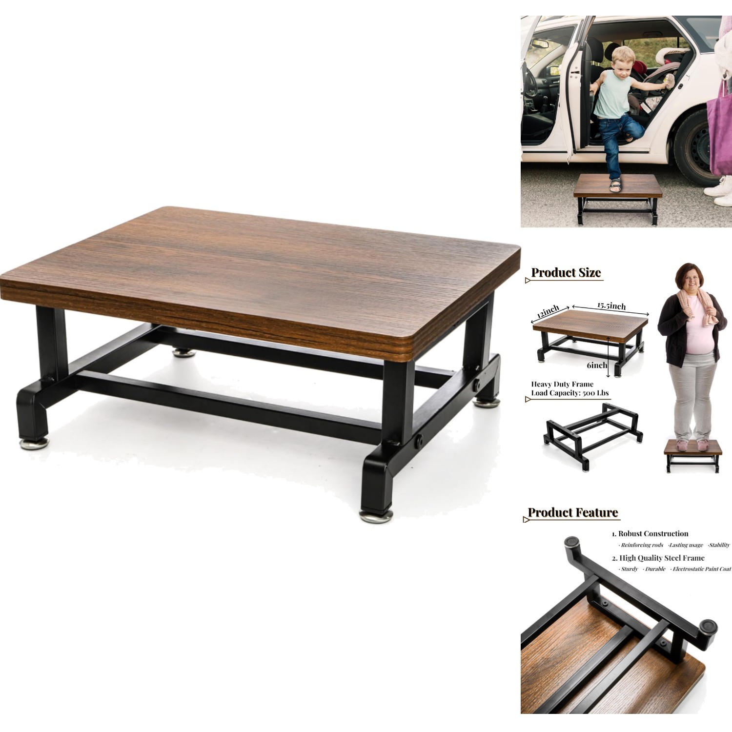 Heavy Duty Wood Step Stool 500lb Capacity Anti-Slip Bed Steps Metal Frame Riser