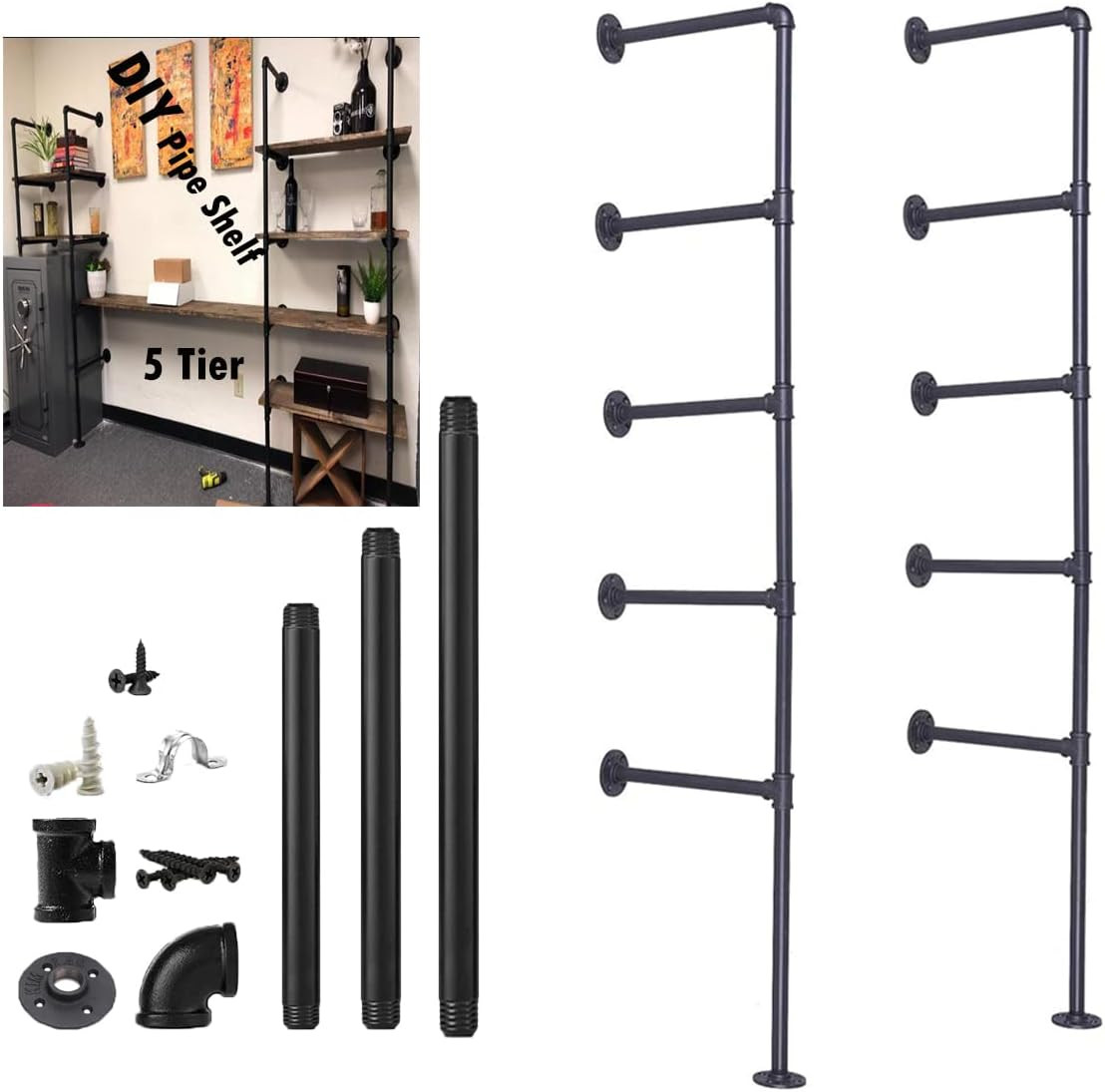 5 Tier Industrial Wall Mount Iron Pipe Shelf Shelving Bracket Vintage Retro Ceil