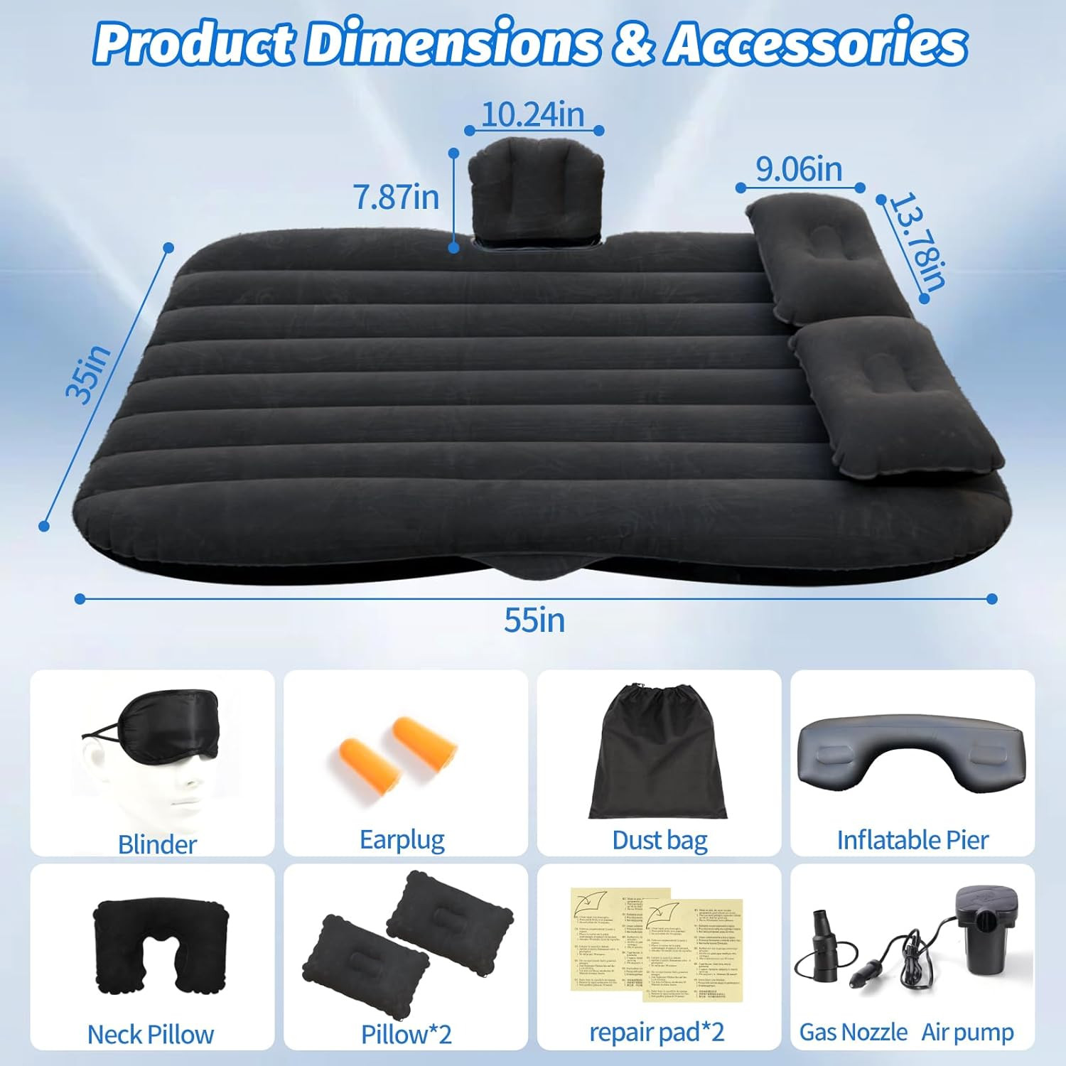 Inflatable Car Air Mattress Back Seat Bed with Air Pump,55″ (L) X 35″ (W) Portab