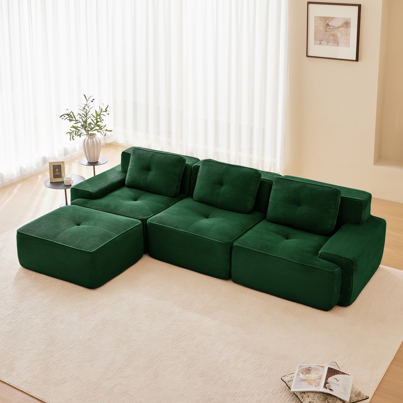 117 Inch L Shaped Sectional Sofa Corduroy Fabric 3 Seater Deep Seat Green