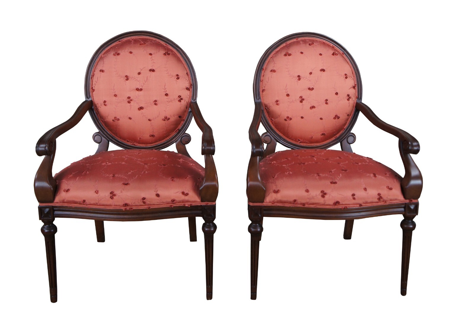 2 Vintage Henredon French Louis XVI Style Mahogany Silk Crewel Armchairs Pair
