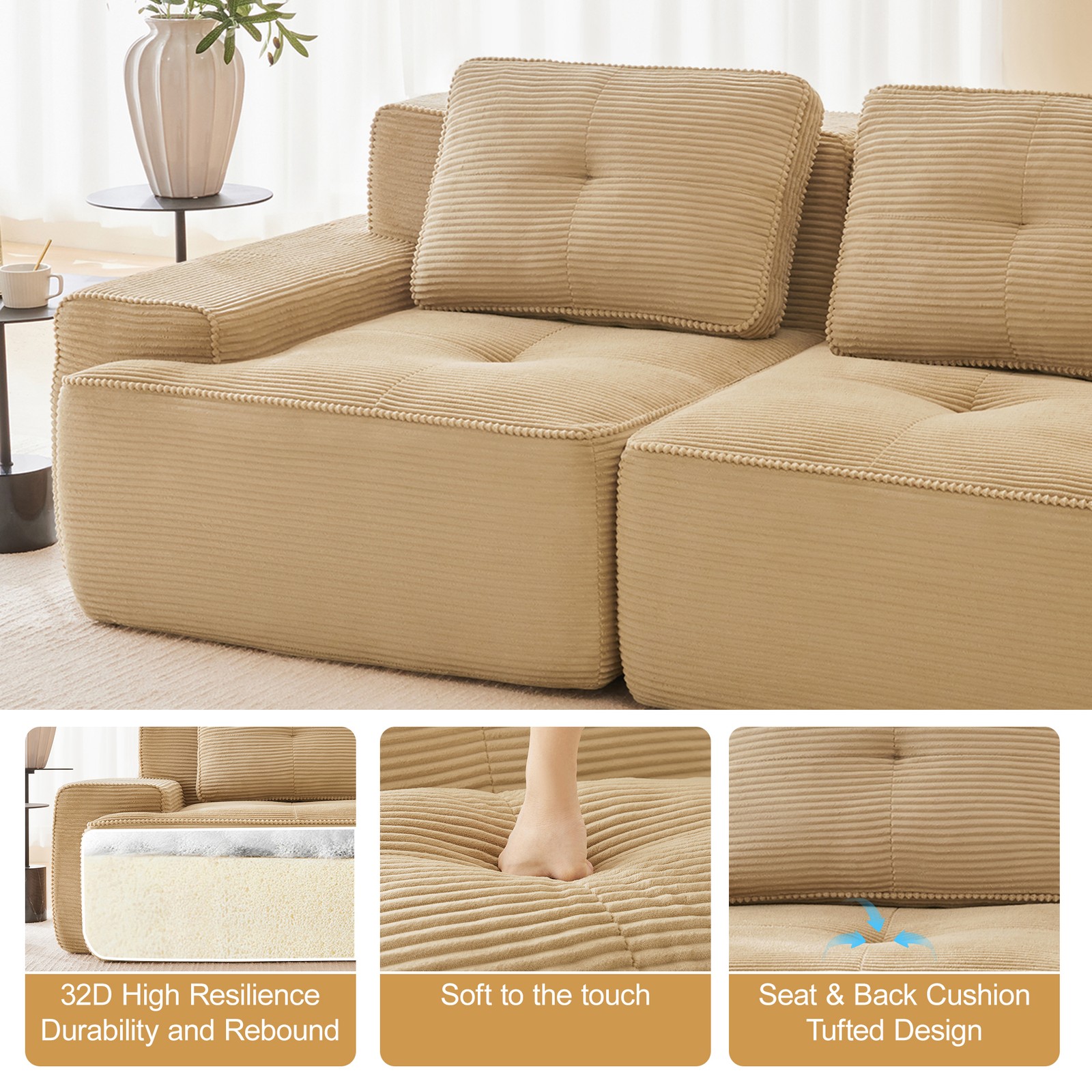 117 Inch Modern L Shaped Corduroy Sofa Camel 3 Seat Deep Plush Comfy Couch