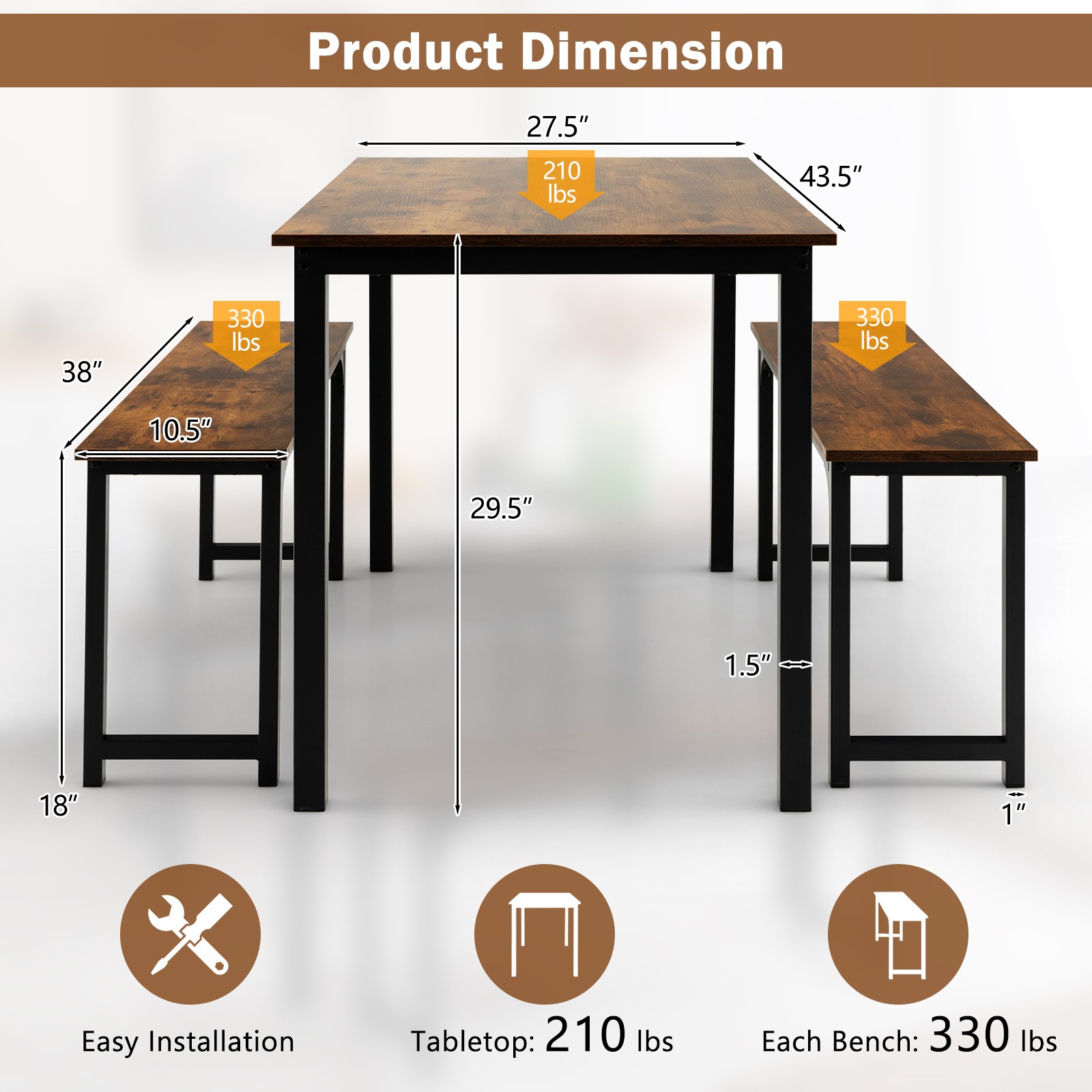 Topbuy 3pcs Dining Table Set for 4 Modern Industrial Counter Height Kitchen