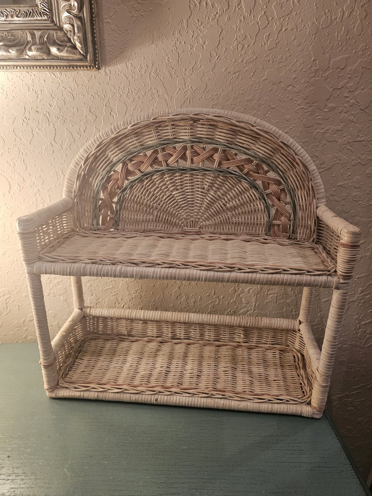 Vintage MidCentury Wicker & Rattan WallShelf, 2 Tier W/Pink & Blue Accents-Very