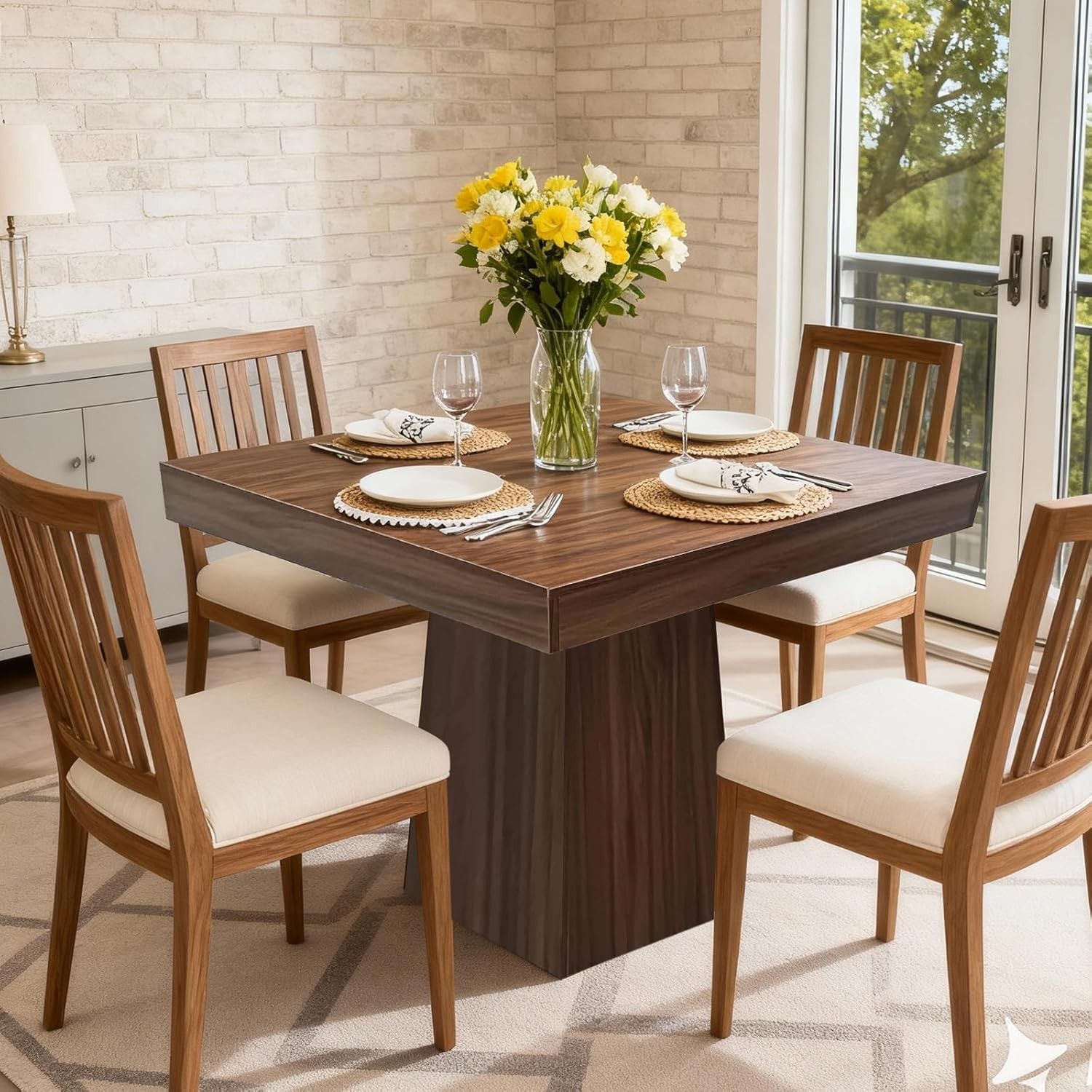 Square Dining Table for 4, 31.5inch Farmhouse Wooden Kitchen Table with Base