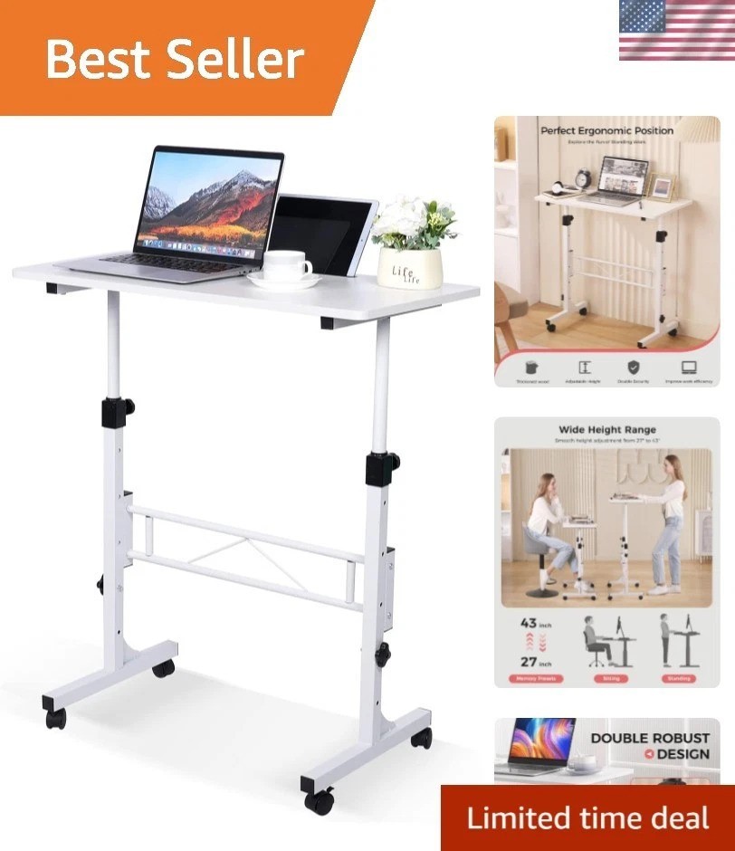 Portable Adjustable Height Stand Up Desk with Lockable Wheels – 27″ to 43.5″