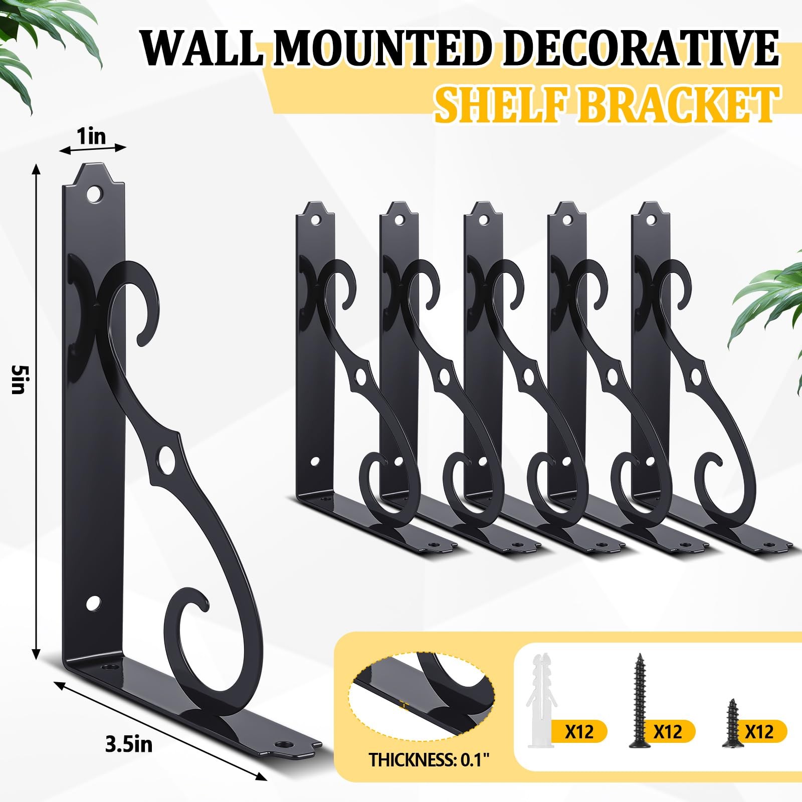 6 PCS Black 5 Inch Rustic Floating Shelf Brackets Heavy Duty L Shape Corbel