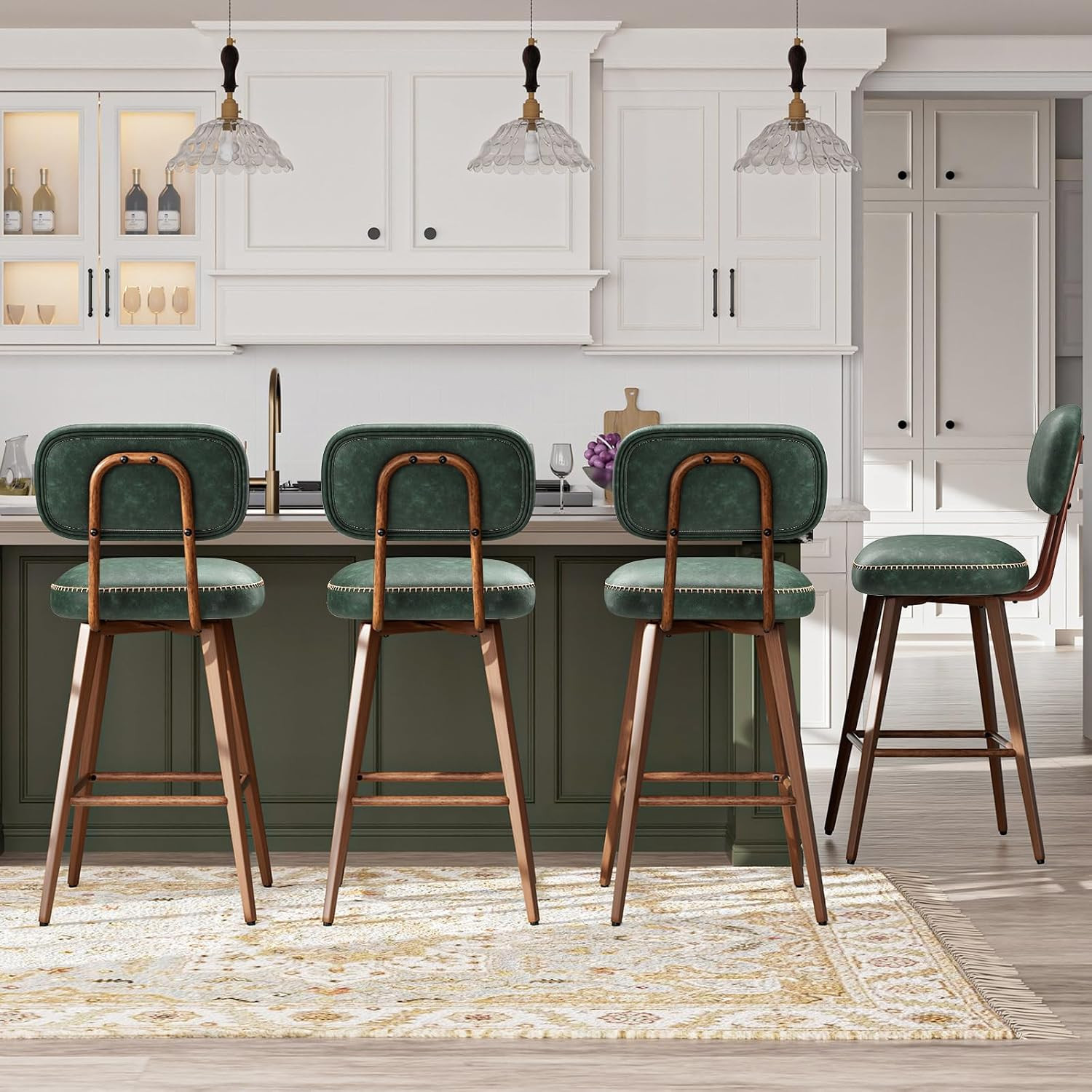 Set of 3 Mid Century Green PU Leather Swivel Bar Stools with Metal Legs