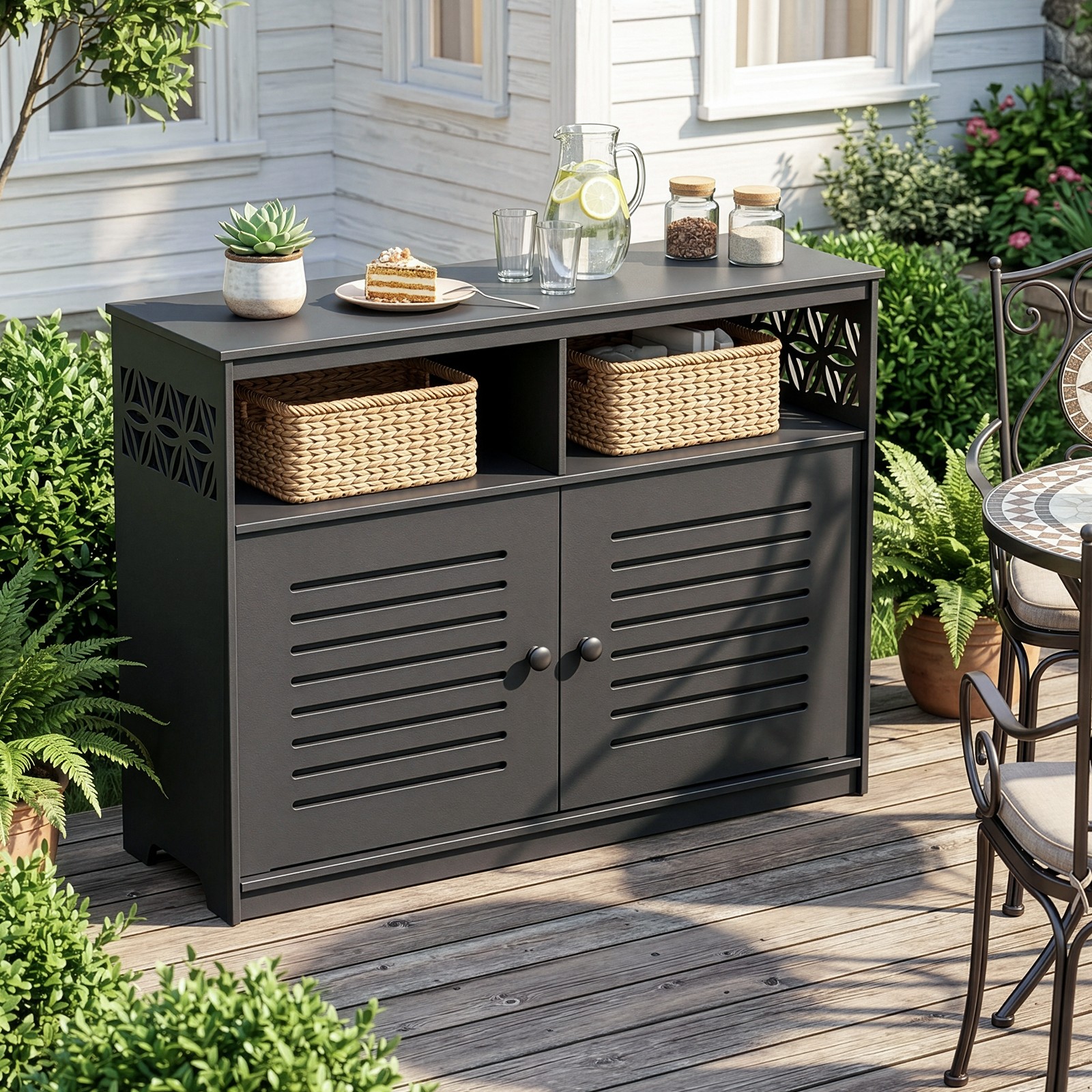 27-42in Plastic Storage Cabinet, Workbench w/ Door for Indoor Outdoor Garden
