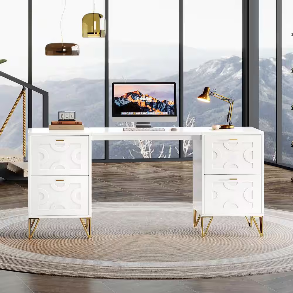 Moronia 59 In. Rectangle White Computer Desk Wood Computer Desk with Drawers, St