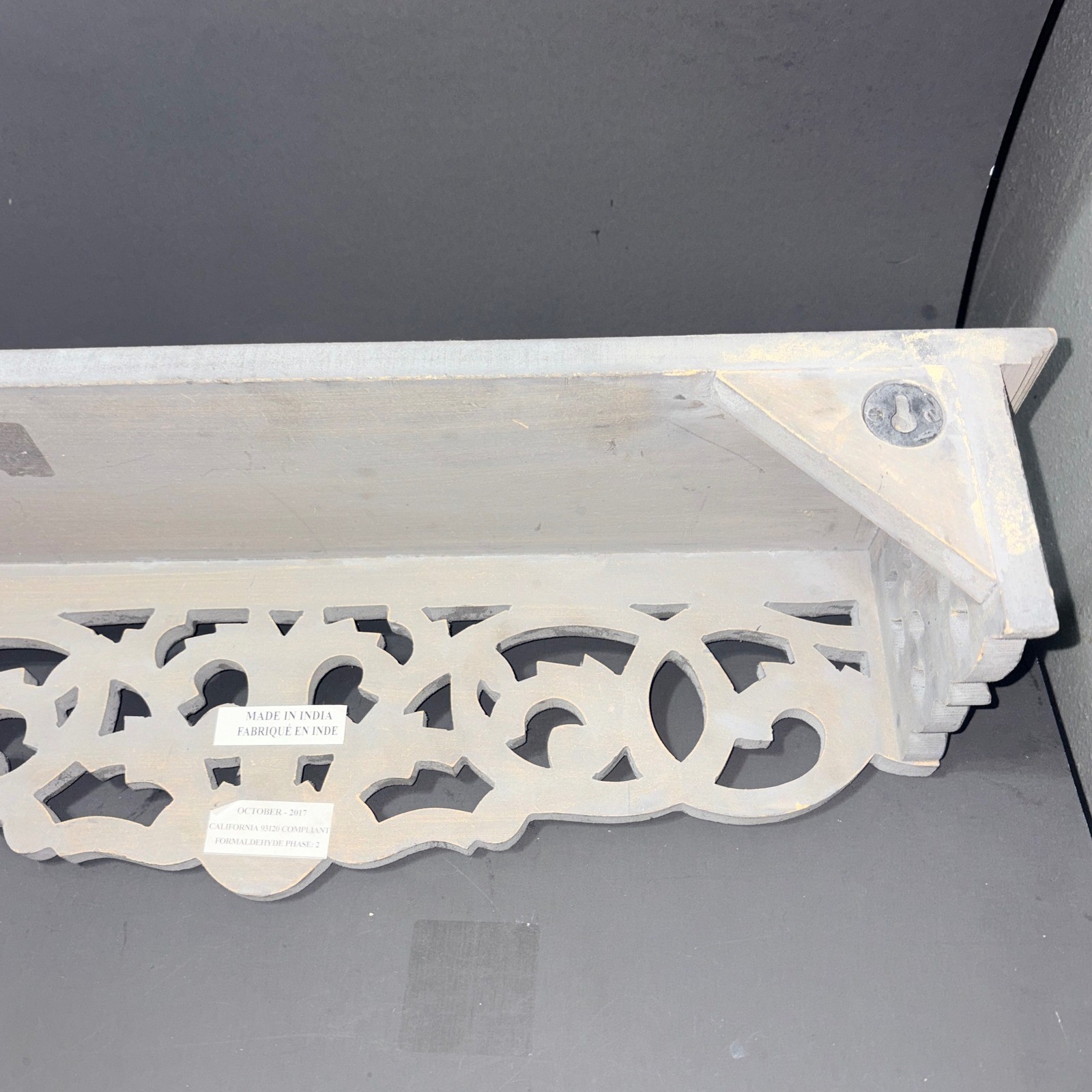 Handcrafted Indian Wood Wall Shelf Ornate Carved Scrollwork Distressed Grey 24in