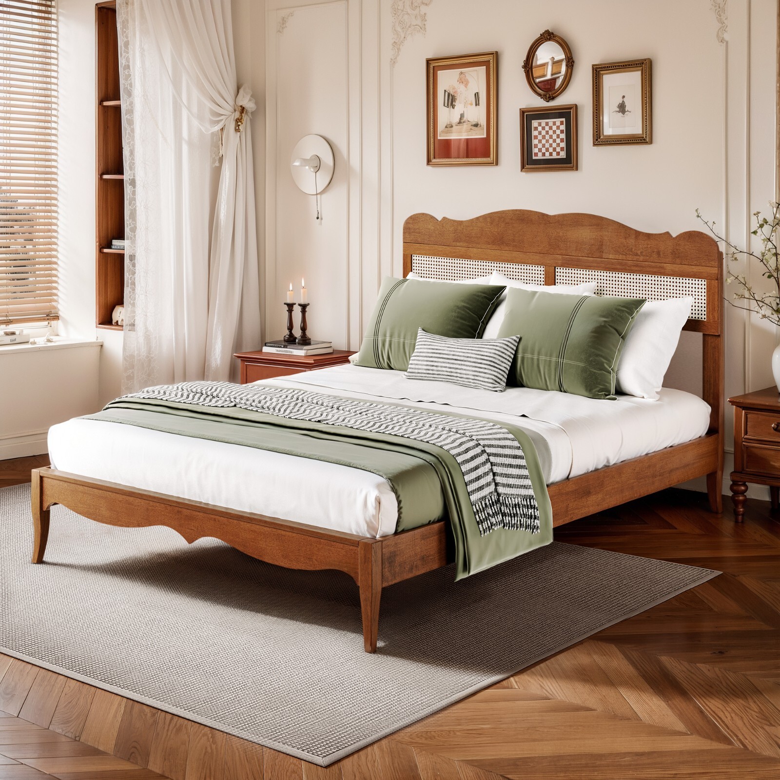 Queen Size Bed Frame Solid Wood with Woven Rattan Headboard Modern Retro Brown
