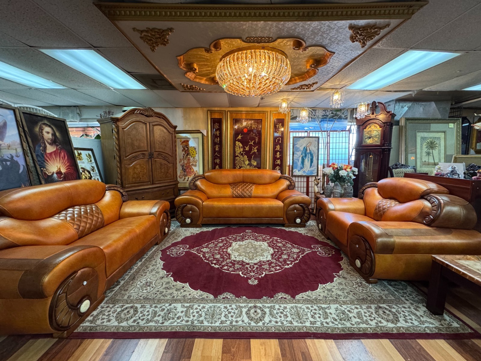 NEW Royalty Kingdom 3PC Sofa Set Brown Leather Diamond Traditional Living Room
