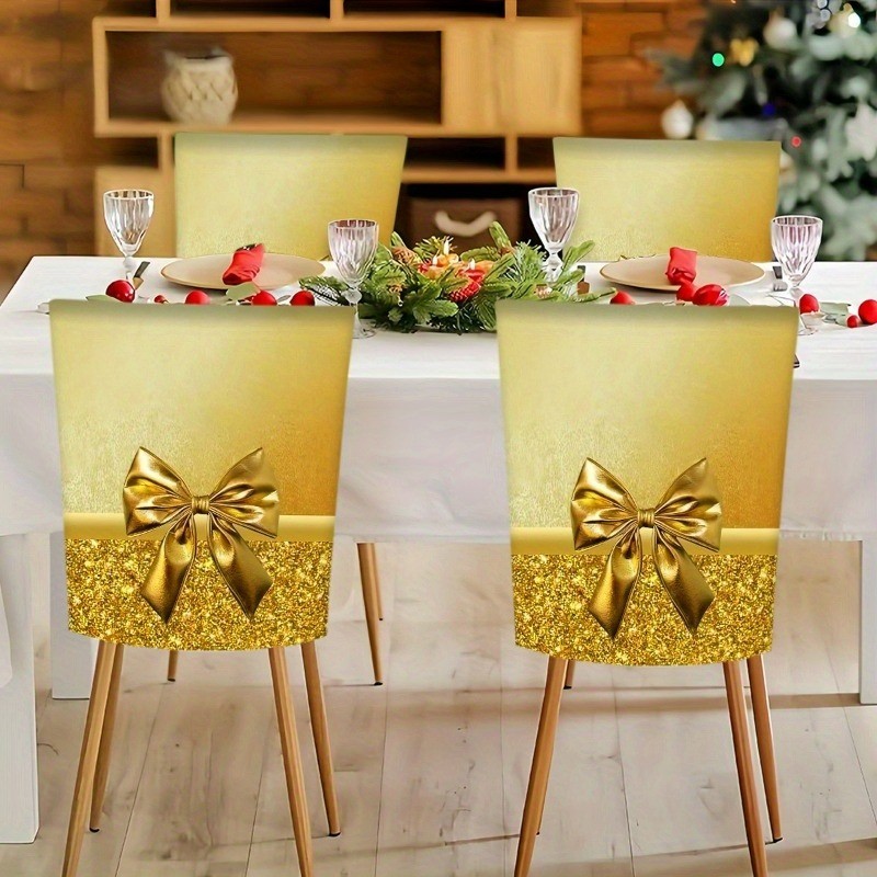2pcs Christmas Gold Bow Chair Covers Elegant Holiday Kitchen Dining Chair Decor