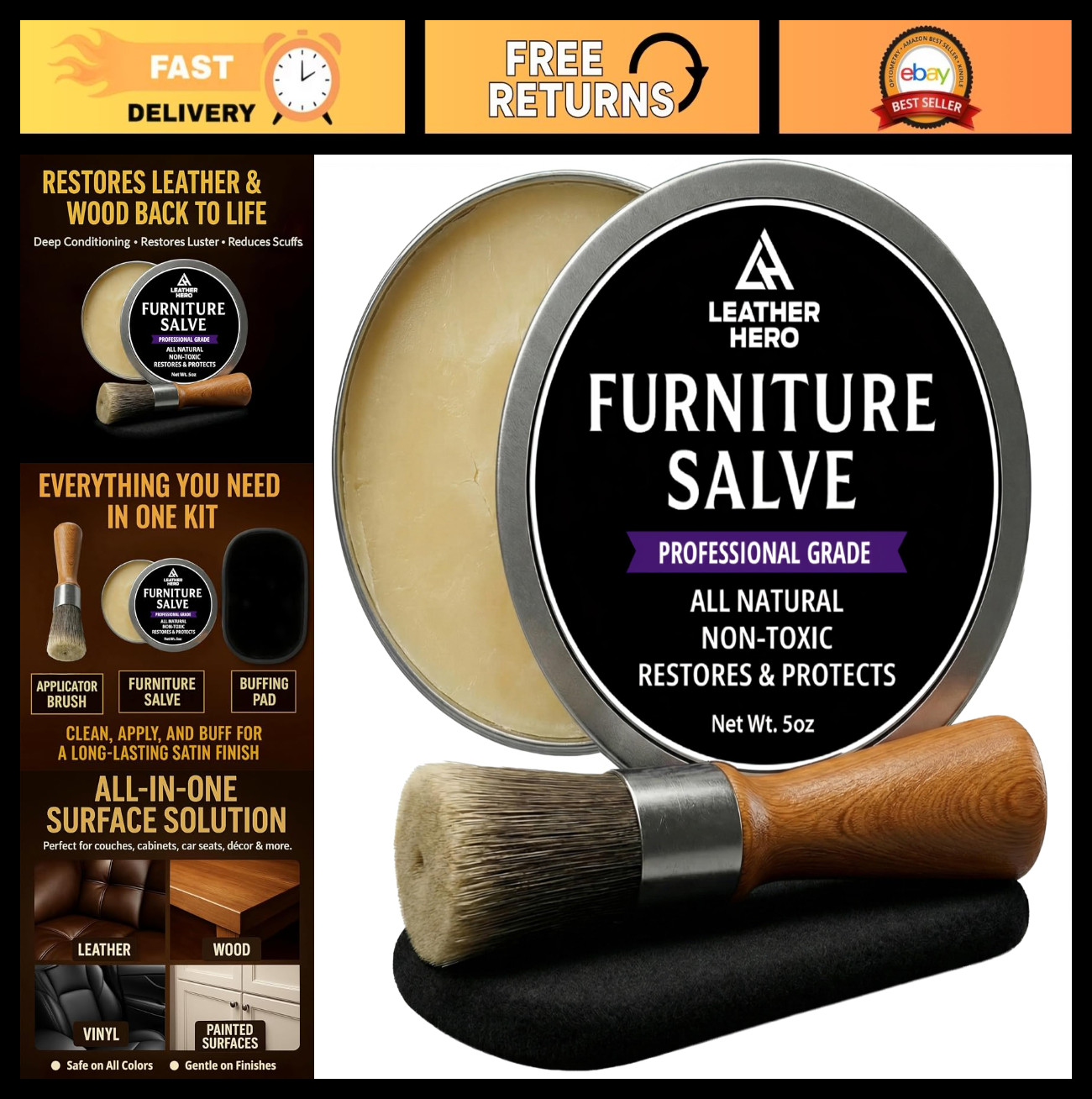 3-in-1 Leather & Wood Furniture Salve – Polisher, Conditioner, Restorer – 5oz Ki
