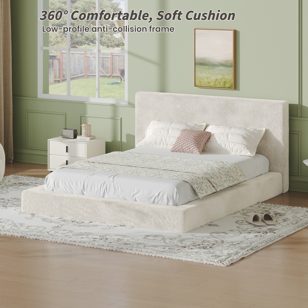Queen Cloud Frameless Bed Surround Sherpa Upholstered Cushion 8.7” Off White