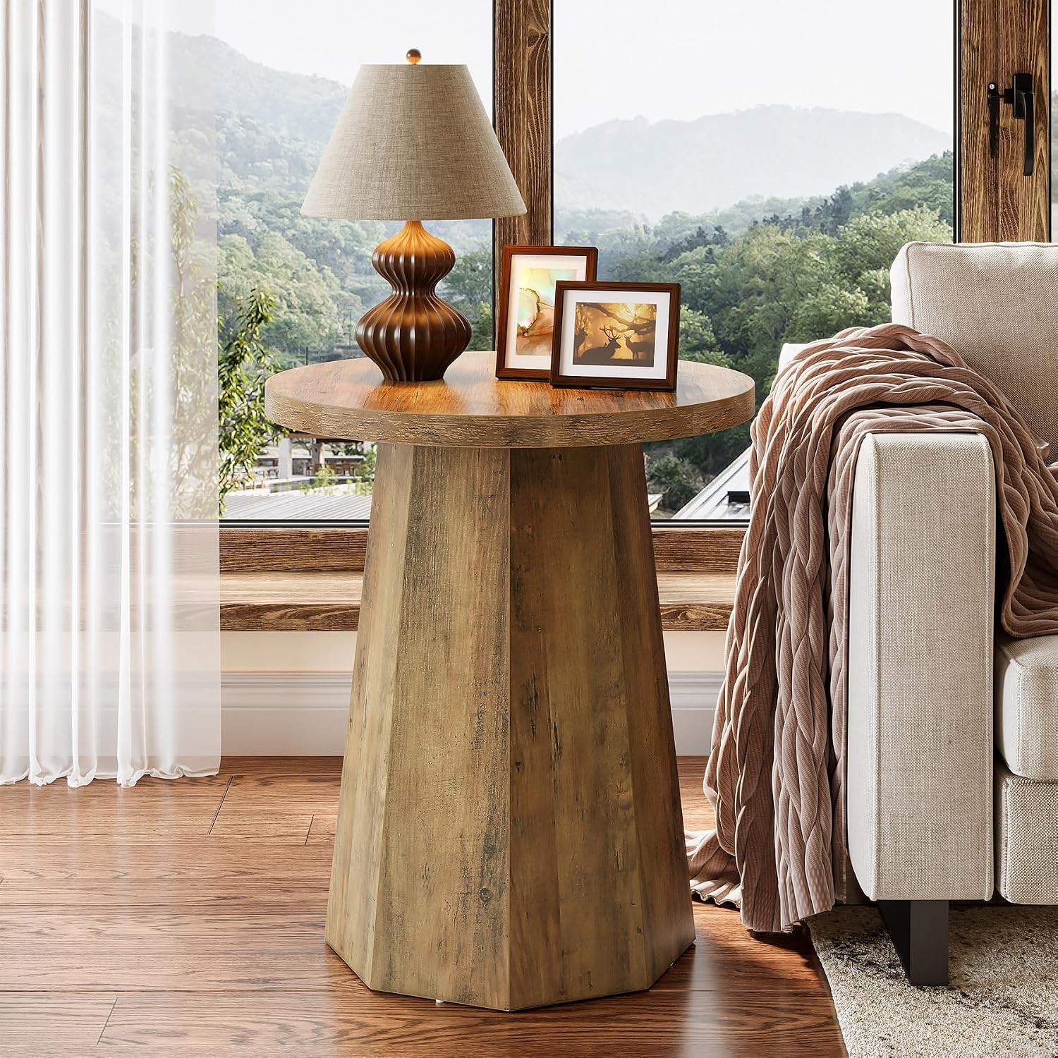 Round Pedestal End Table Farmhouse Couch Side Table with Octagonal Base Wooden